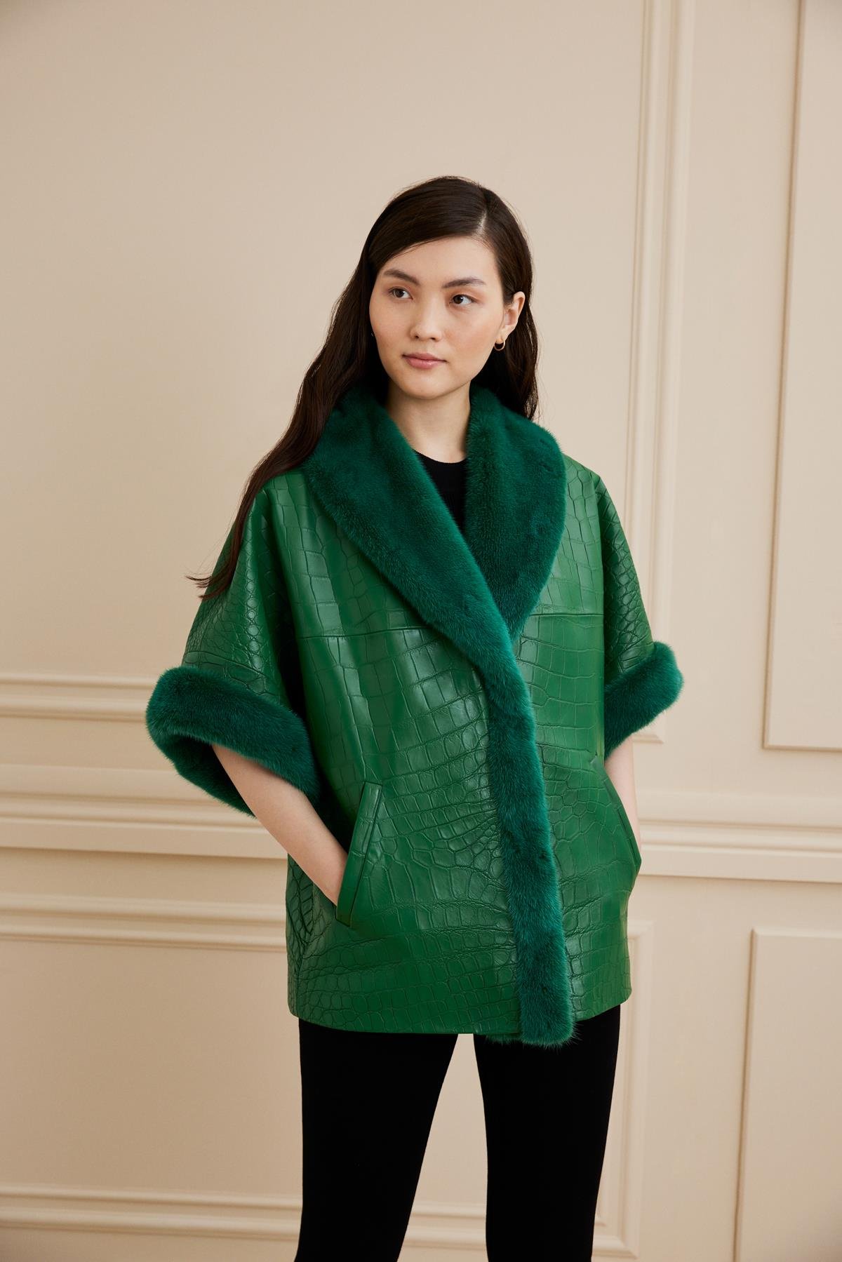 Shaky Women's Crocodile Waistcoat With Mink Trimming Deep Green