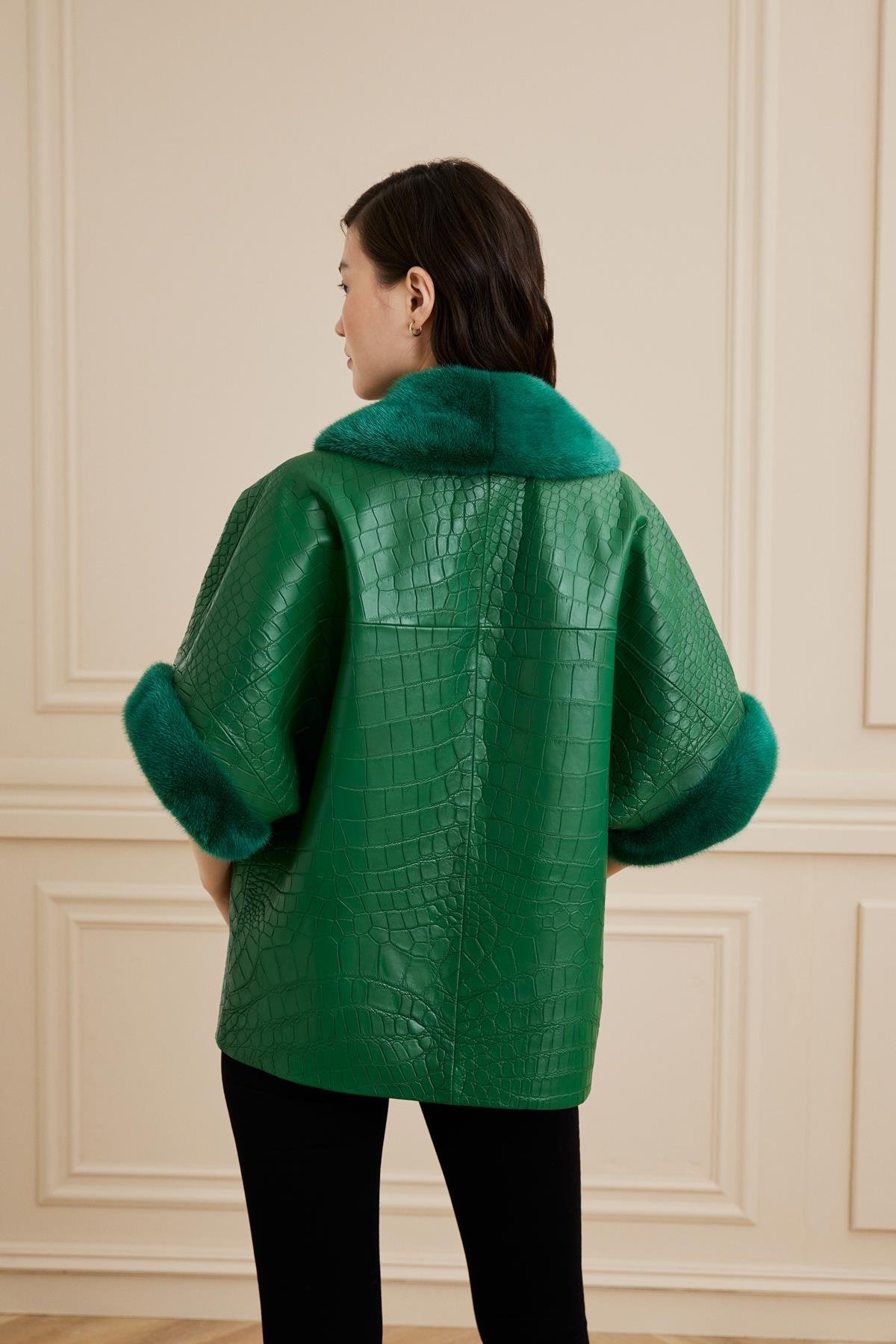 Shaky Women's Crocodile Waistcoat With Mink Trimming Deep Green