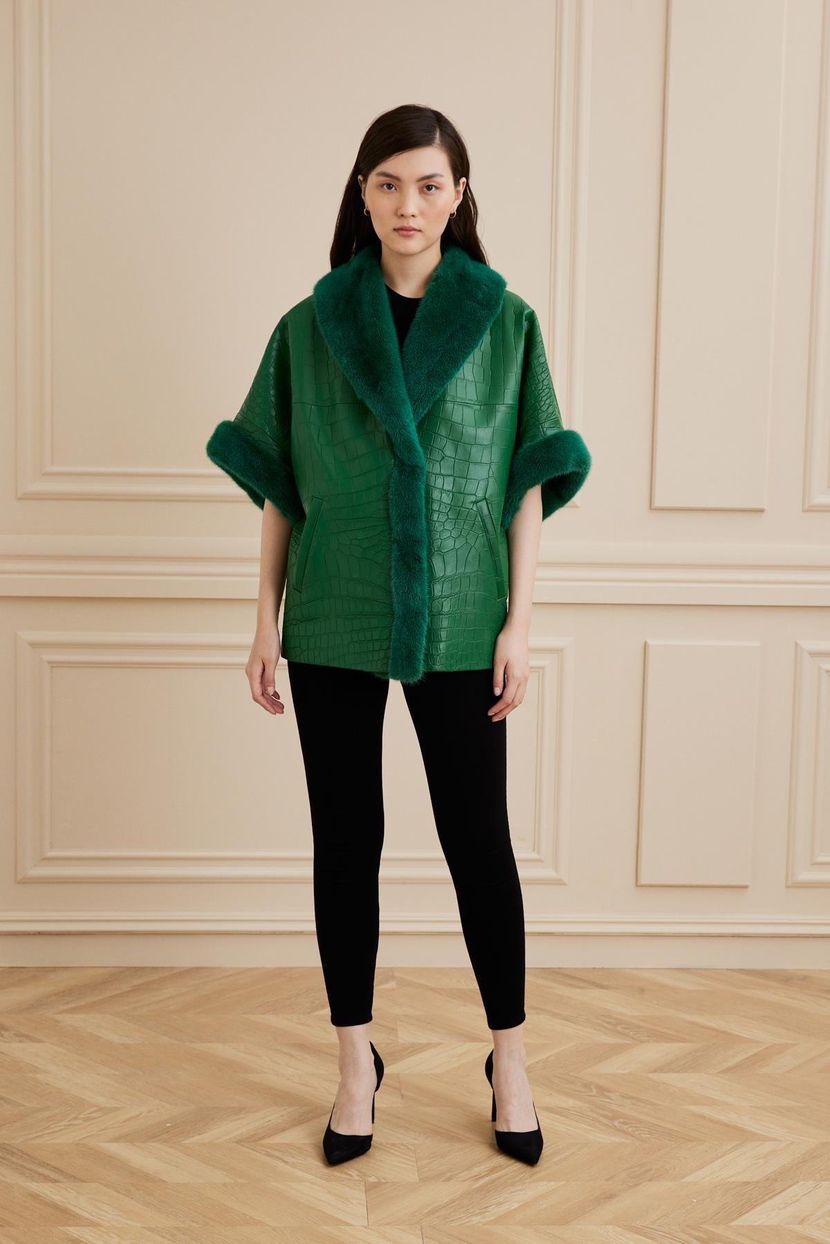 Shaky Women's Crocodile Waistcoat With Mink Trimming Deep Green