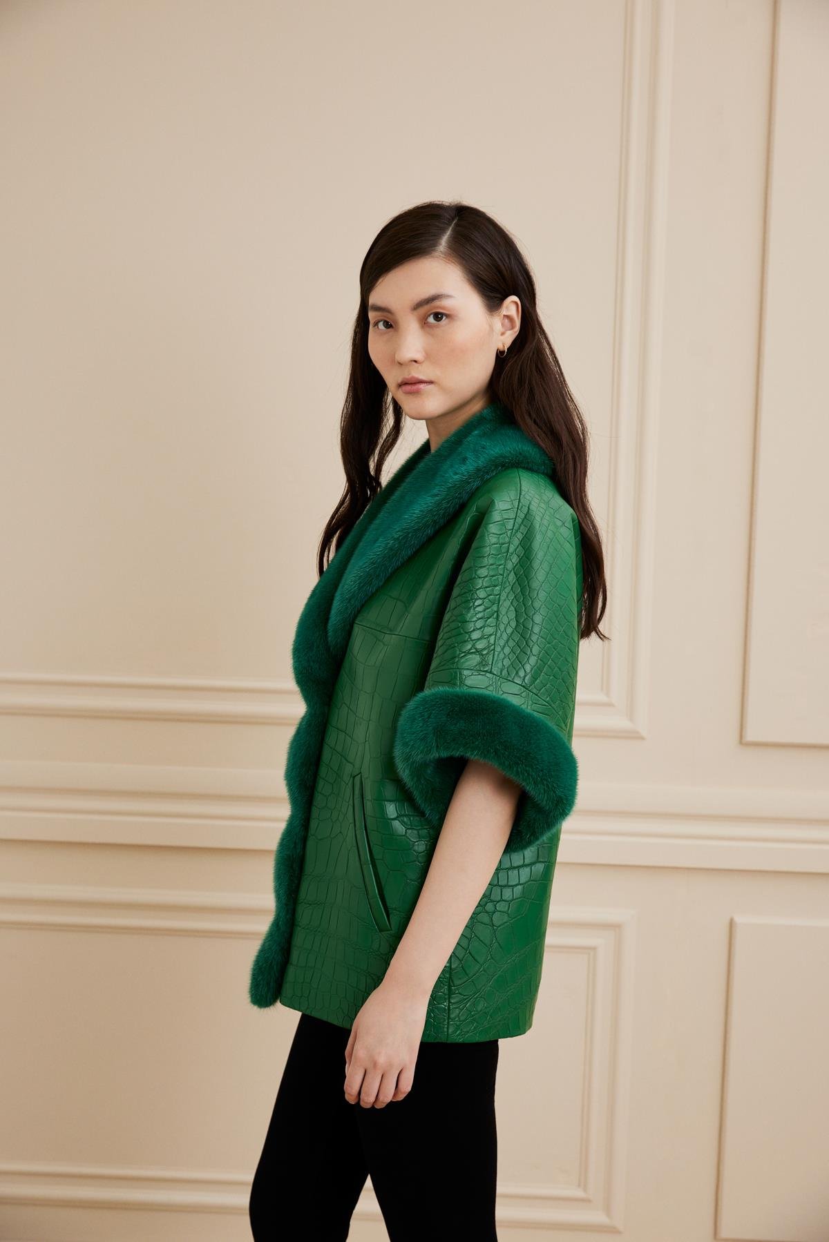 Shaky Women's Crocodile Waistcoat With Mink Trimming Deep Green