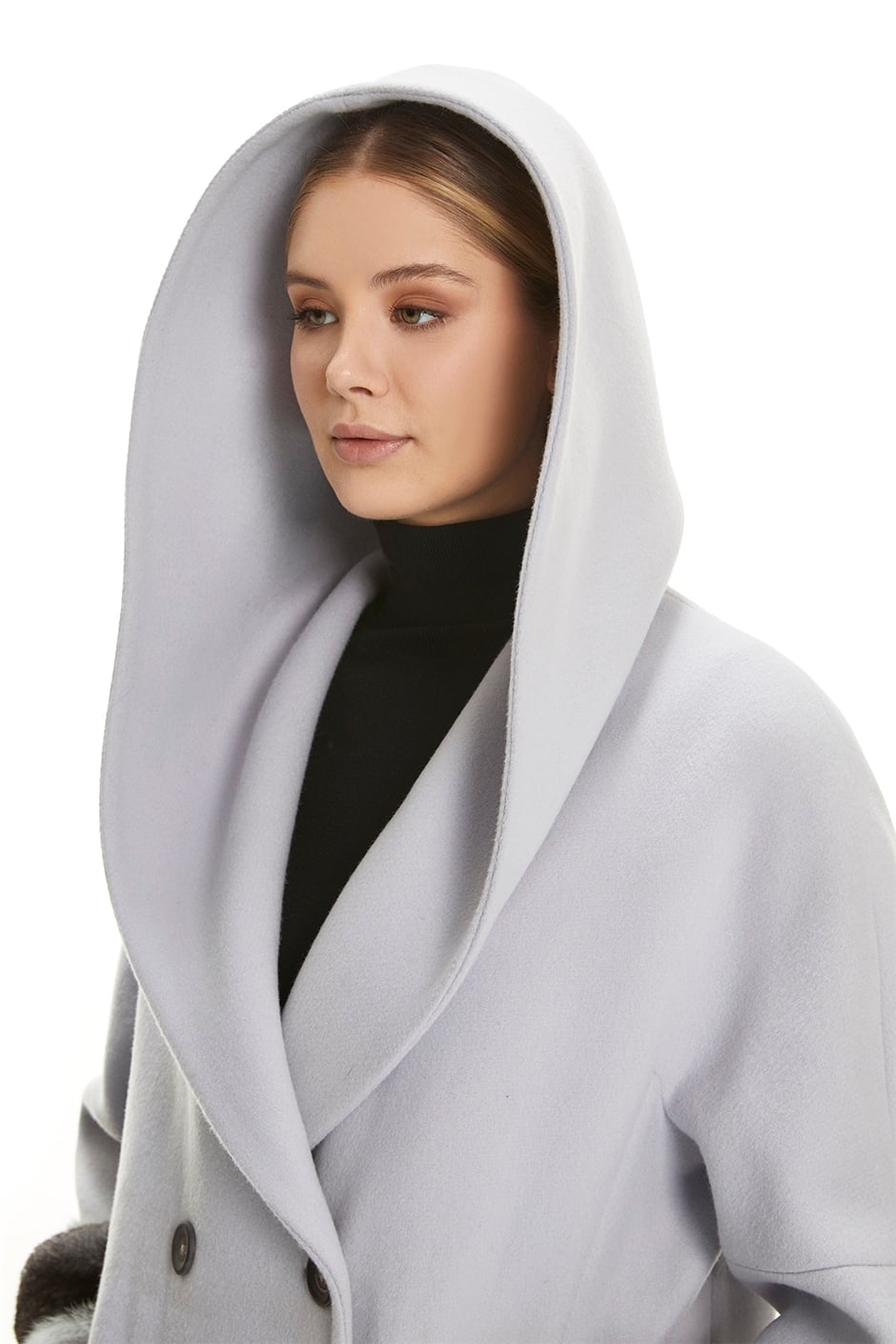 Shaky Women's Isea 95% Wool 5% Cashmere Fabric Coat with Chinchilla trimming
