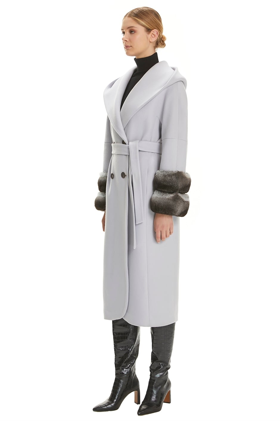 Shaky Women's Isea 95% Wool 5% Cashmere Fabric Coat with Chinchilla trimming