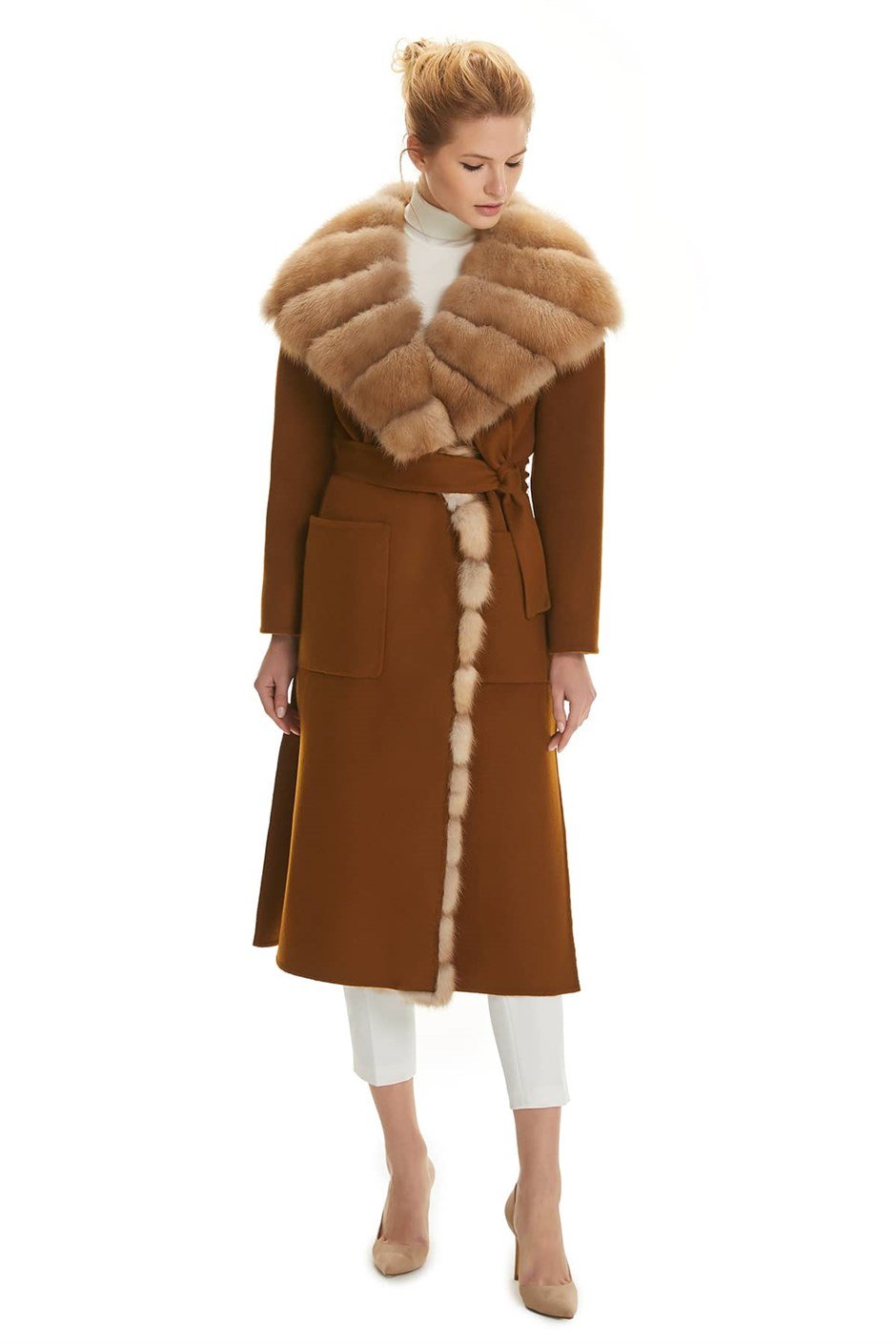 Shaky Women's Isea 95% Wool 5% Cashmere Fabric Coat with Sable trimming Taba