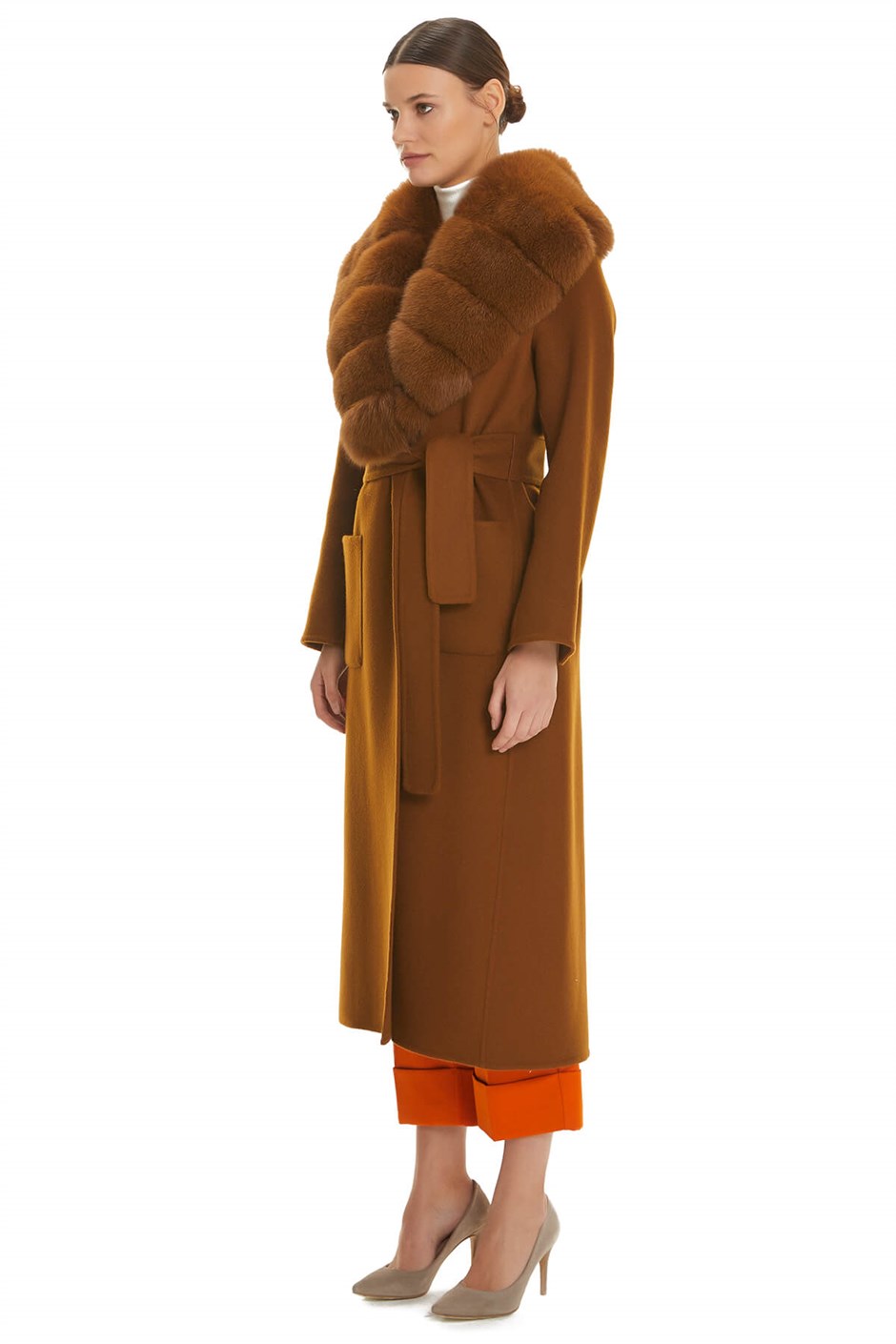 Shaky Women's Isea 95% Wool 5% Cashmere Fabric Coat with Fox trimming Taba