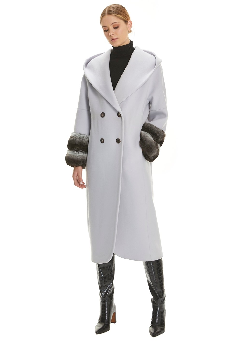 Shaky Women's Isea 95% Wool 5% Cashmere Fabric Coat with Chinchilla trimming