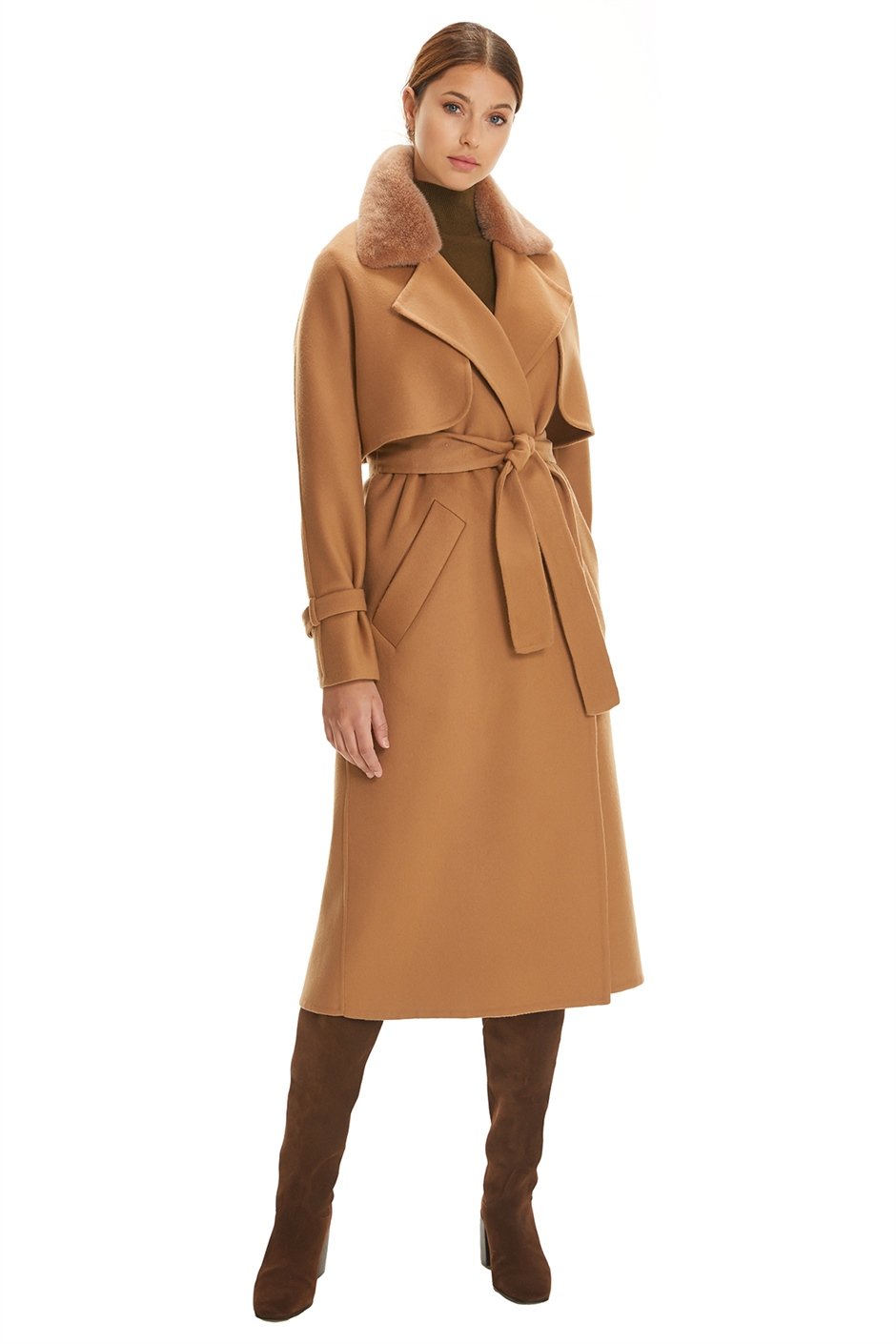 Shaky Women's Isea 95% Wool 5% Cashmere Fabric Coat with Mink trimming