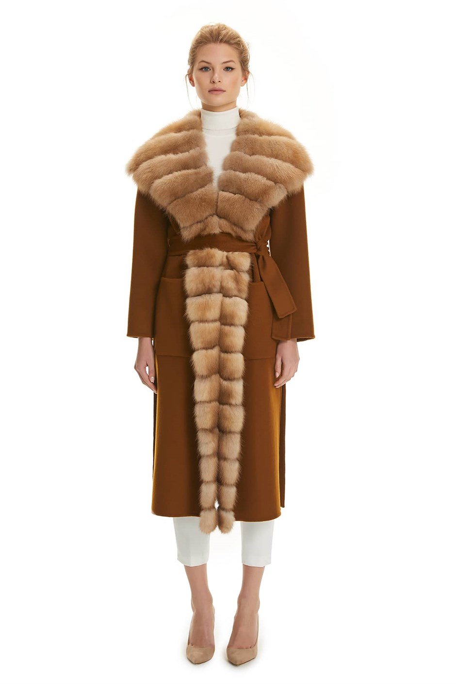 Shaky Women's Isea 95% Wool 5% Cashmere Fabric Coat with Sable trimming Taba