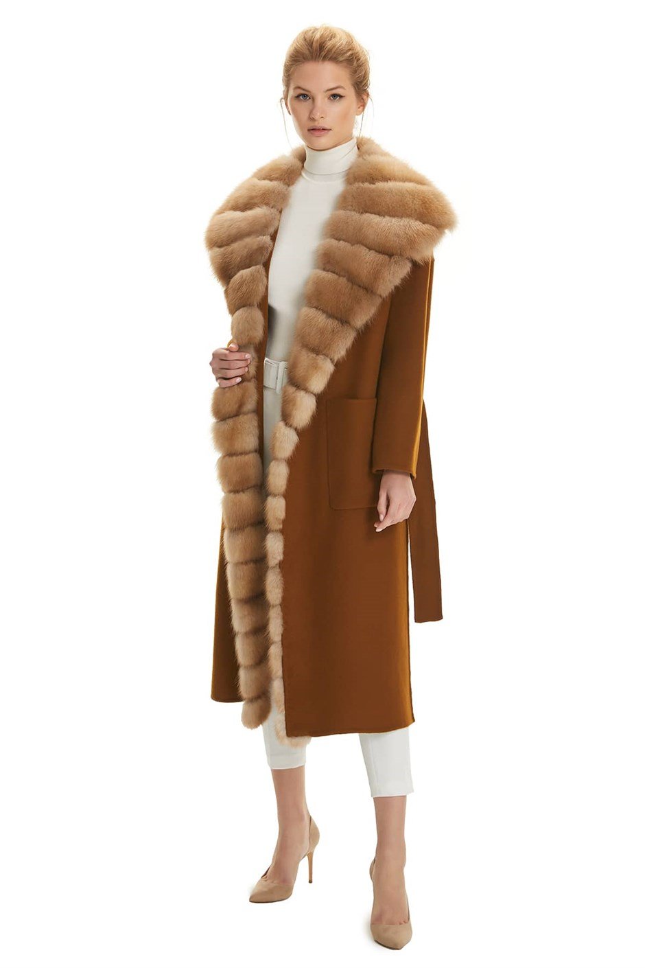 Shaky Women's Isea 95% Wool 5% Cashmere Fabric Coat with Sable trimming Taba