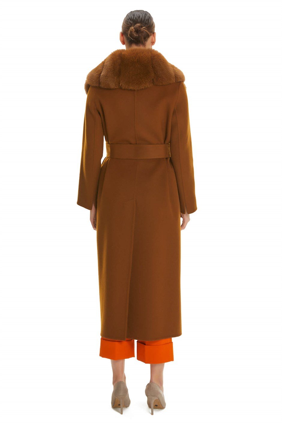 Shaky Women's Isea 95% Wool 5% Cashmere Fabric Coat with Fox trimming Taba