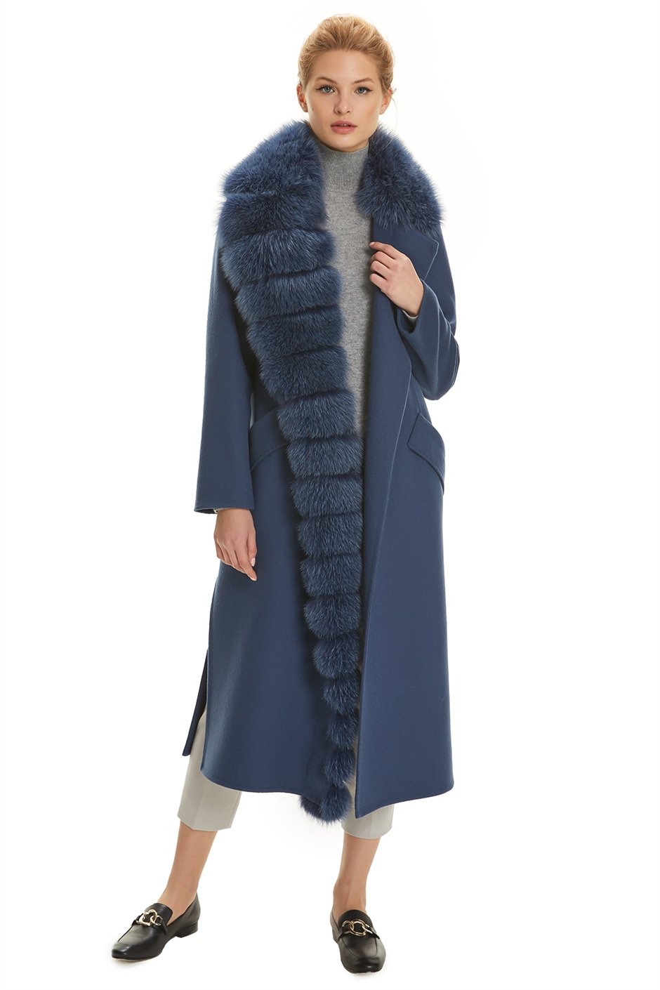 Shaky Women's Isea 95% Wool 5% Cashmere Fabric Coat with Fox trimming