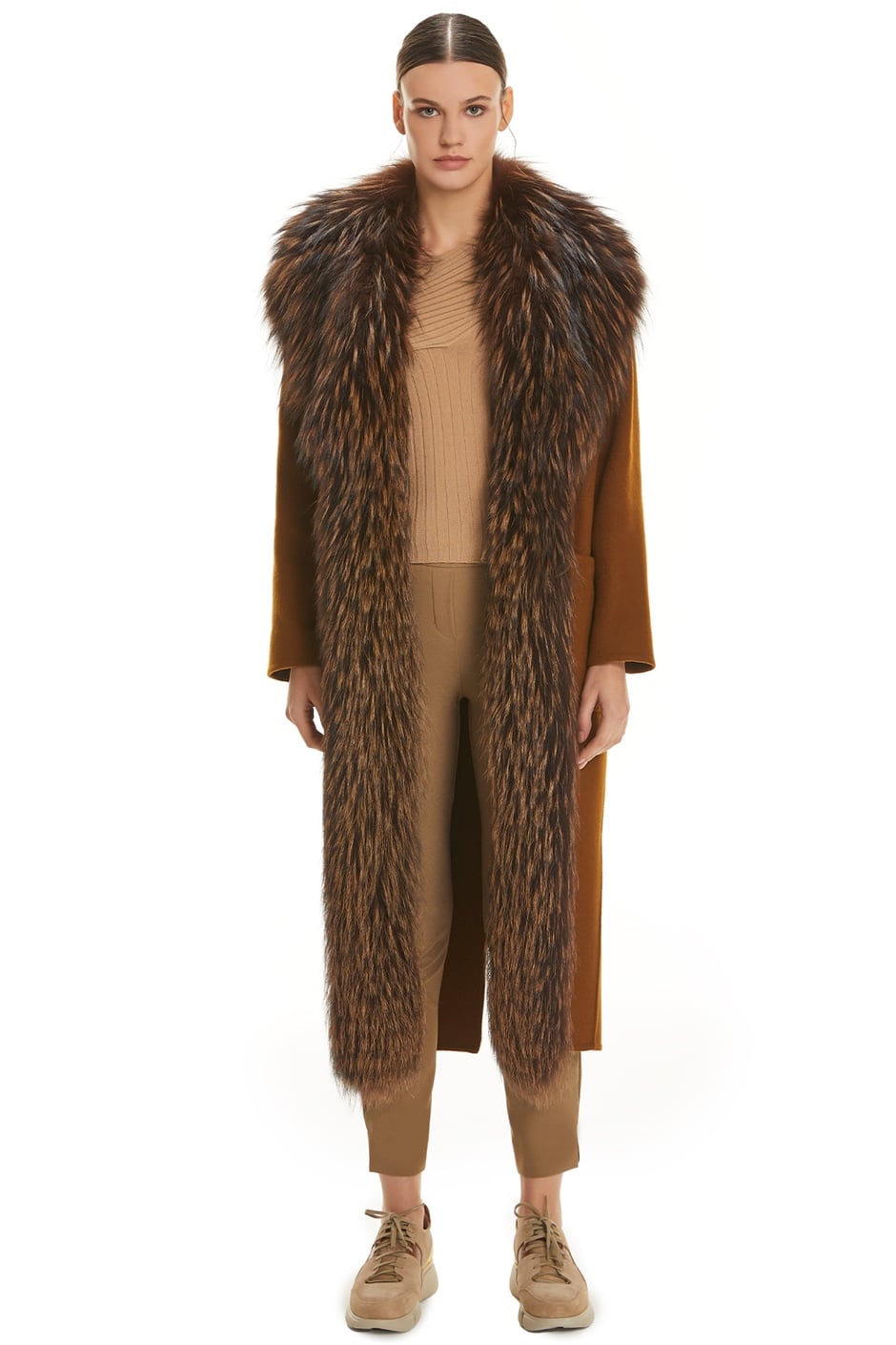 Shaky Women's Isea 95% Wool 5% Cashmere Fabric Coat with Fox trimming