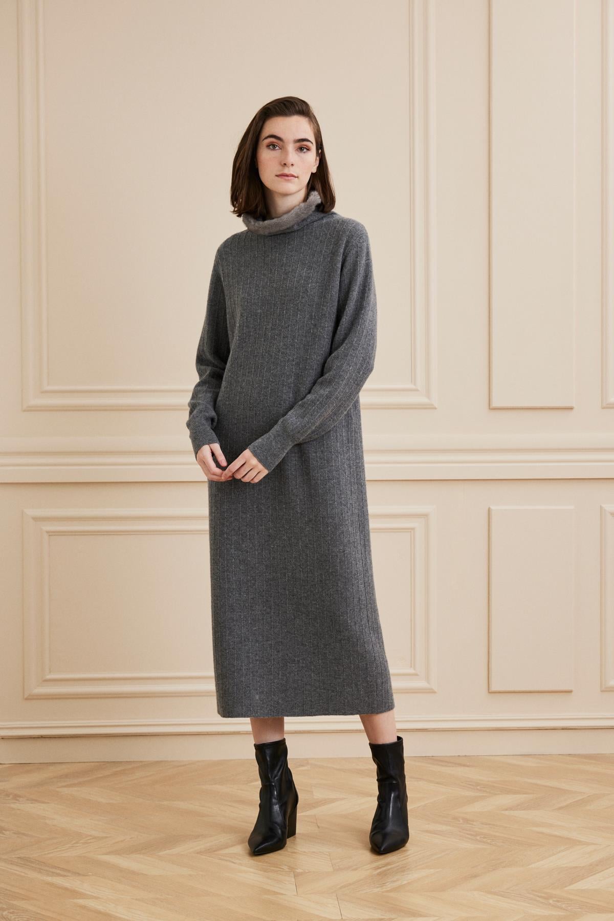 Shaky Women's Knitted Dress With Mink Trimming Grigio-3