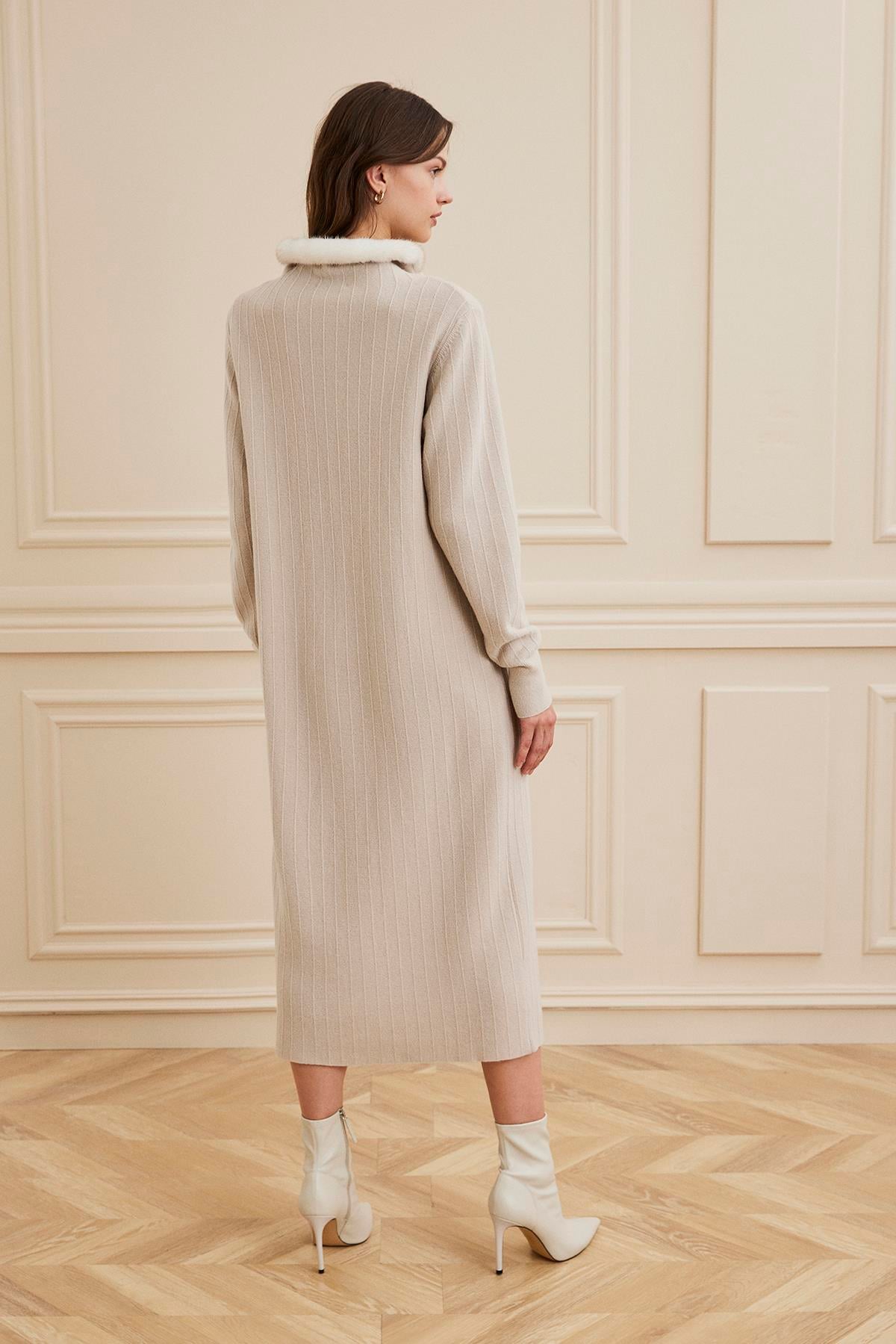 Shaky Women's Knitted Dress With Mink Trimming 40260 Light Grey