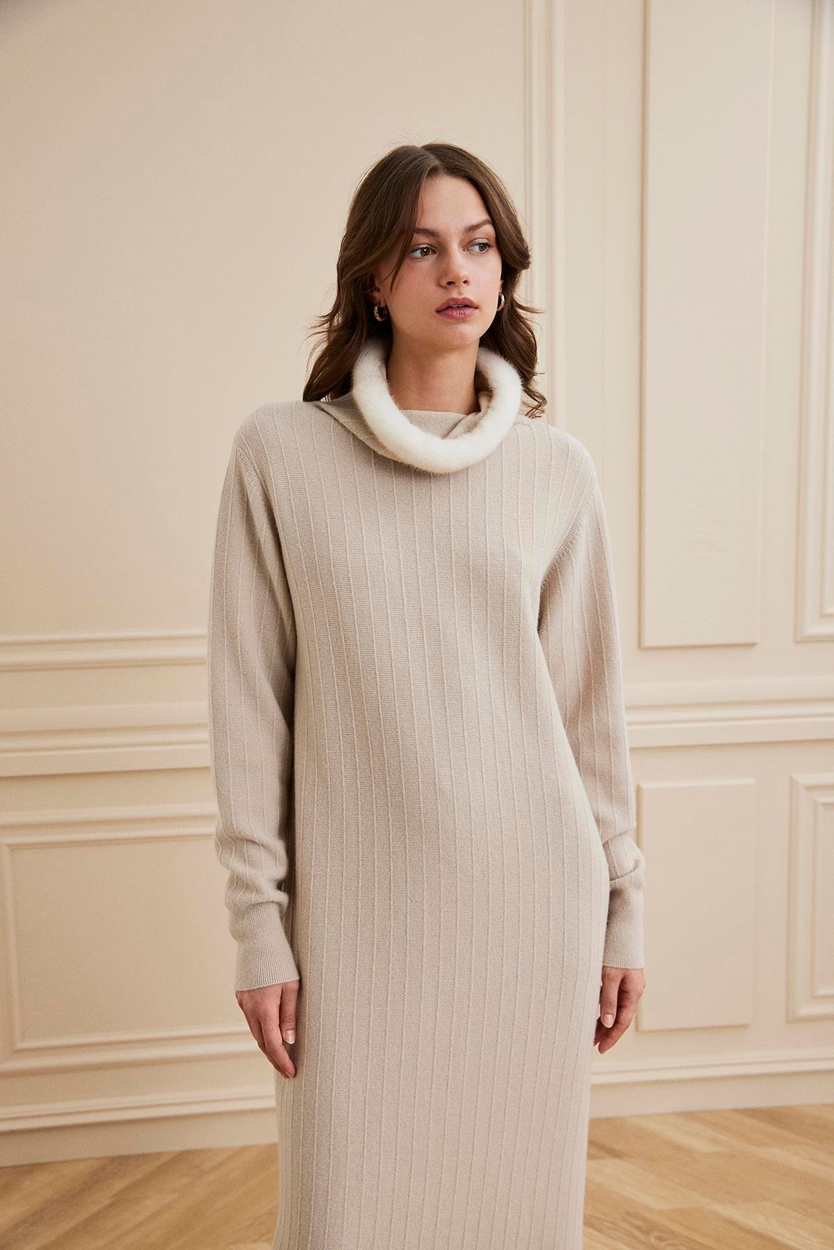 Shaky Women's Knitted Dress With Mink Trimming 40260 Light Grey