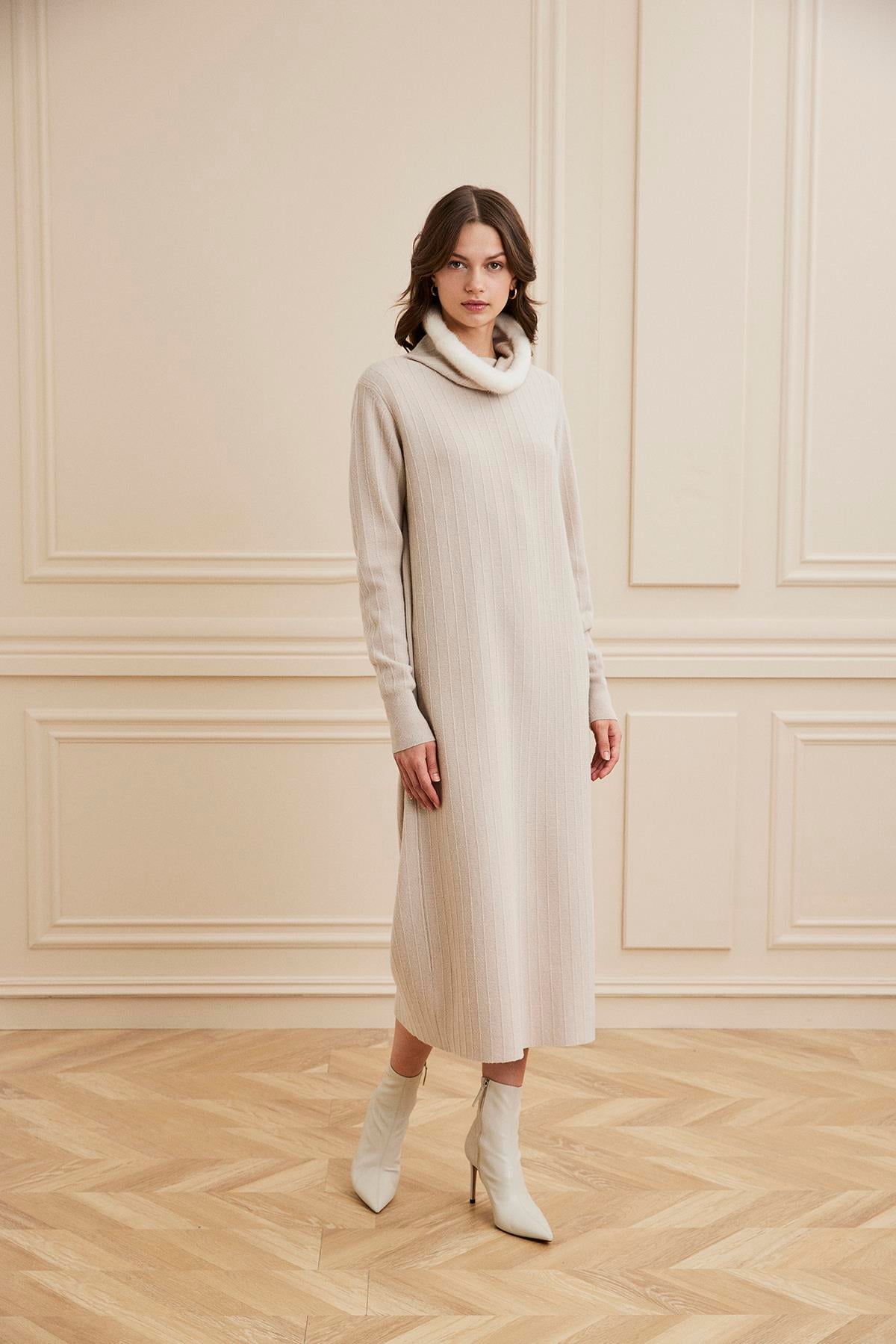 Shaky Women's Knitted Dress With Mink Trimming 40260 Light Grey