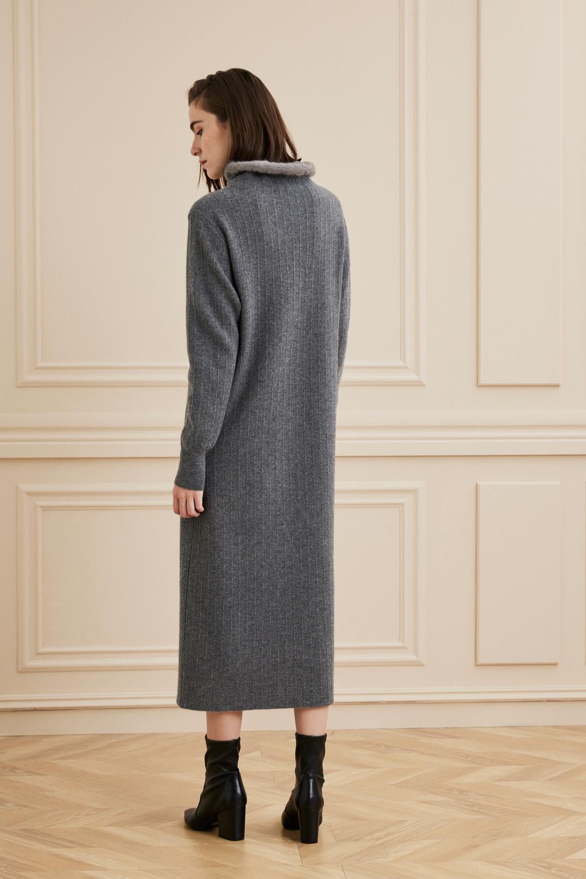Shaky Women's Knitted Dress With Mink Trimming Grigio-3