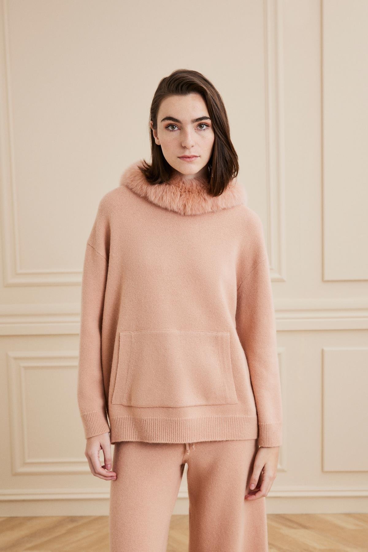 Shaky Women's Knitted Pants and Sweater Set With Fox Trimming Somon 40090 Cameo