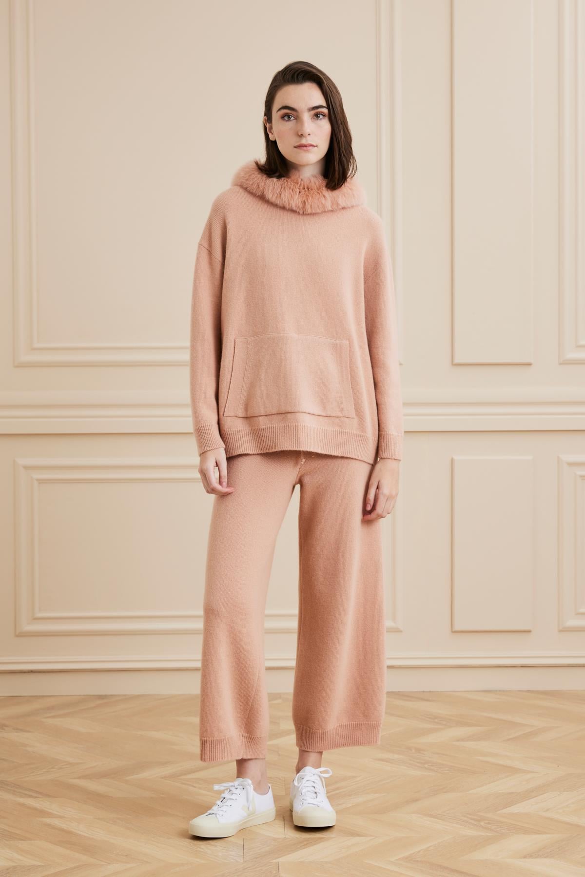 Shaky Women's Knitted Pants and Sweater Set With Fox Trimming Somon 40090 Cameo
