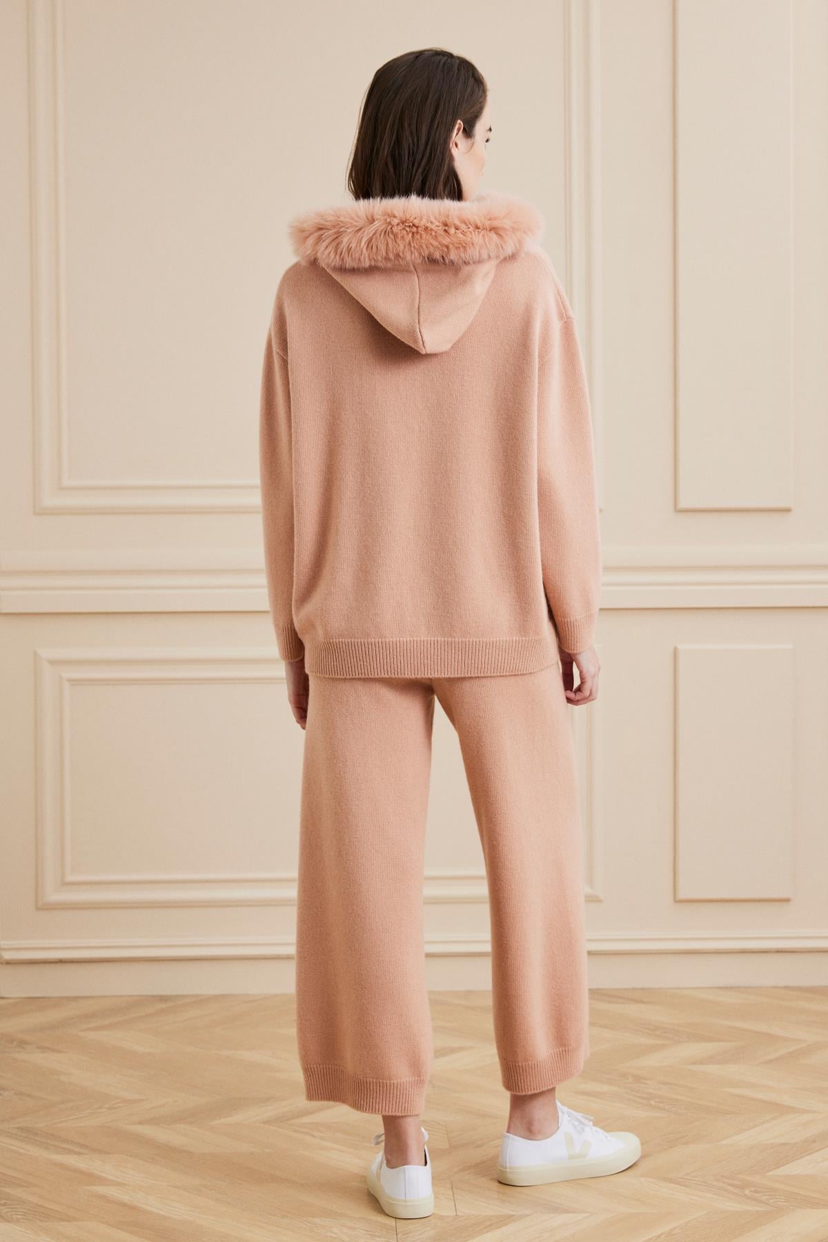 Shaky Women's Knitted Pants and Sweater Set With Fox Trimming Somon 40090 Cameo