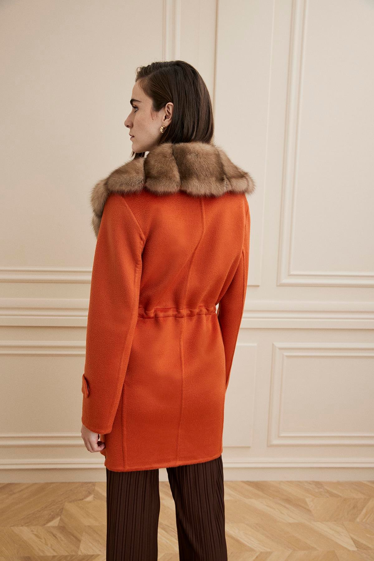 Shaky Women's Lanificio Colombo 100% Cashmere Fabric Short Coat With Sable Trimming Orange