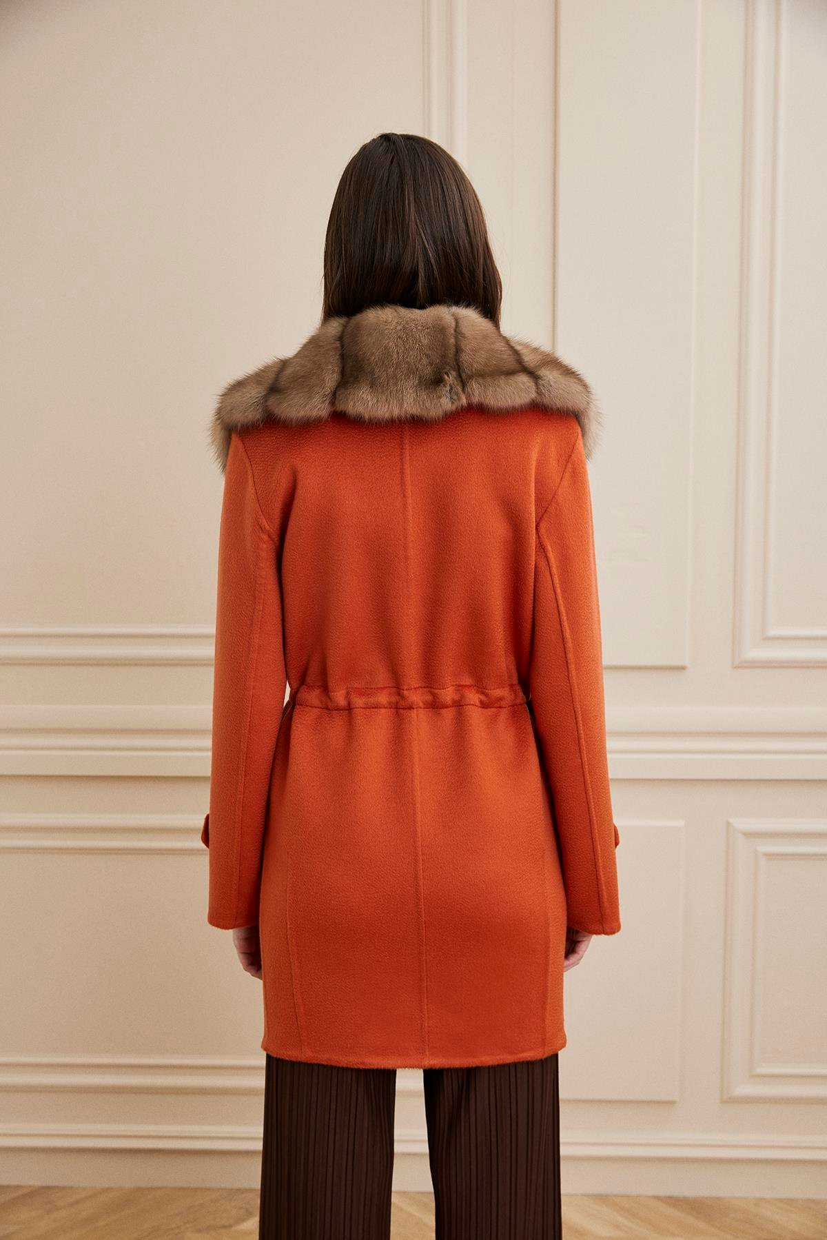 Shaky Women's Lanificio Colombo 100% Cashmere Fabric Short Coat With Sable Trimming Orange