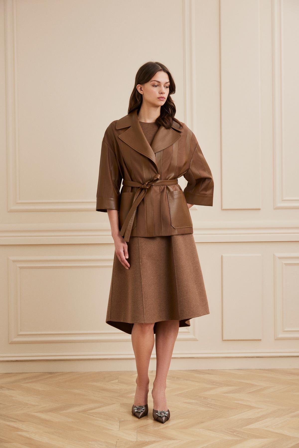 Shaky Women's Leather and Loro Piana 95% Wool 5% Silk Fabric Jacket Cognac