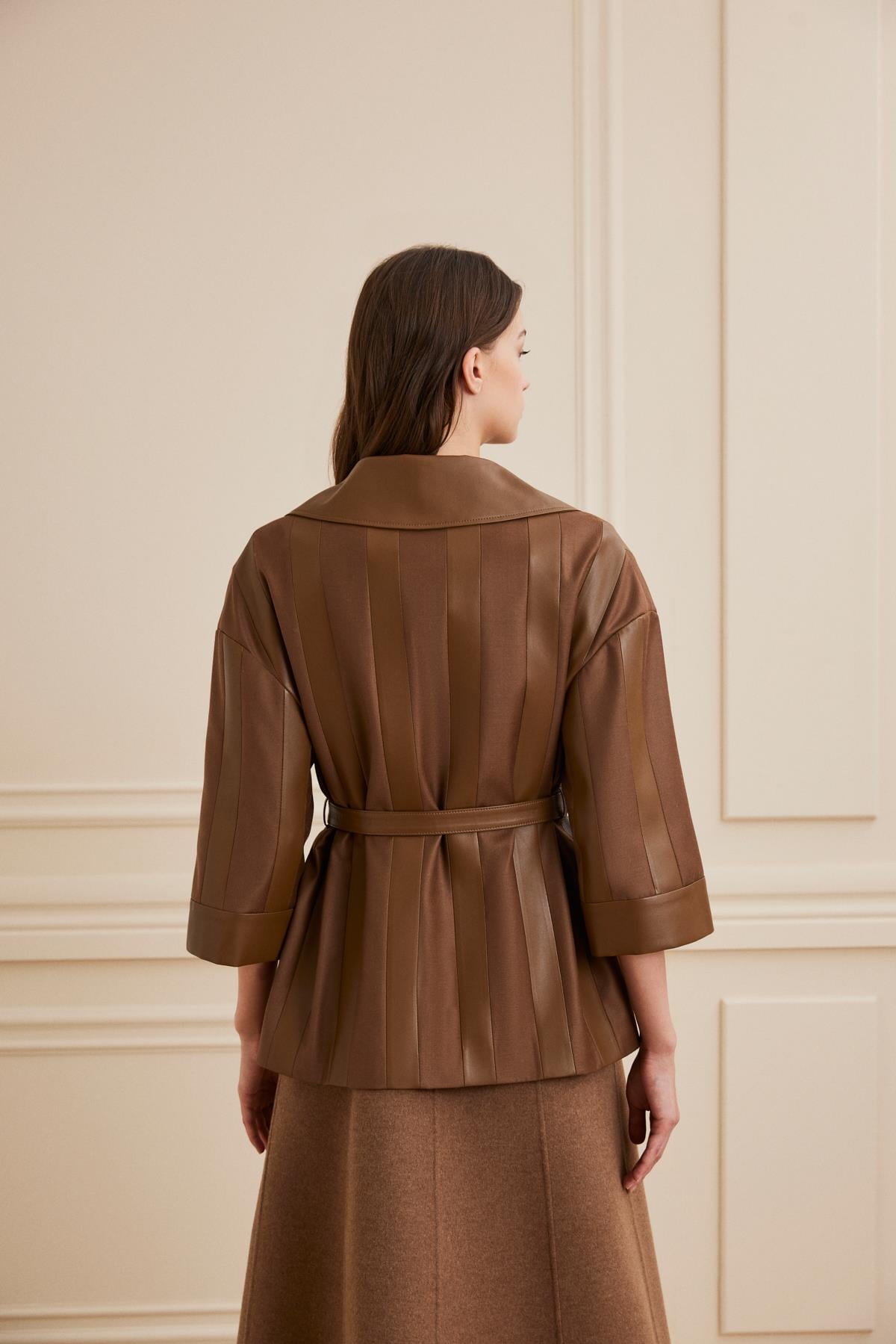 Shaky Women's Leather and Loro Piana 95% Wool 5% Silk Fabric Jacket Cognac