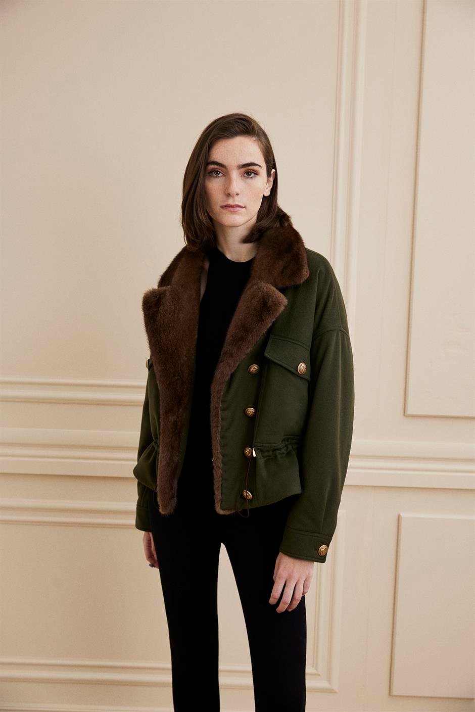 Shaky Women's Loro Piana 100% Cashmere Fabric Jacket with Mink trimming Khaki Green