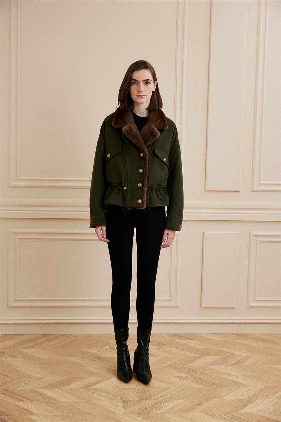 Shaky Women's Loro Piana 100% Cashmere Fabric Jacket with Mink trimming Khaki Green