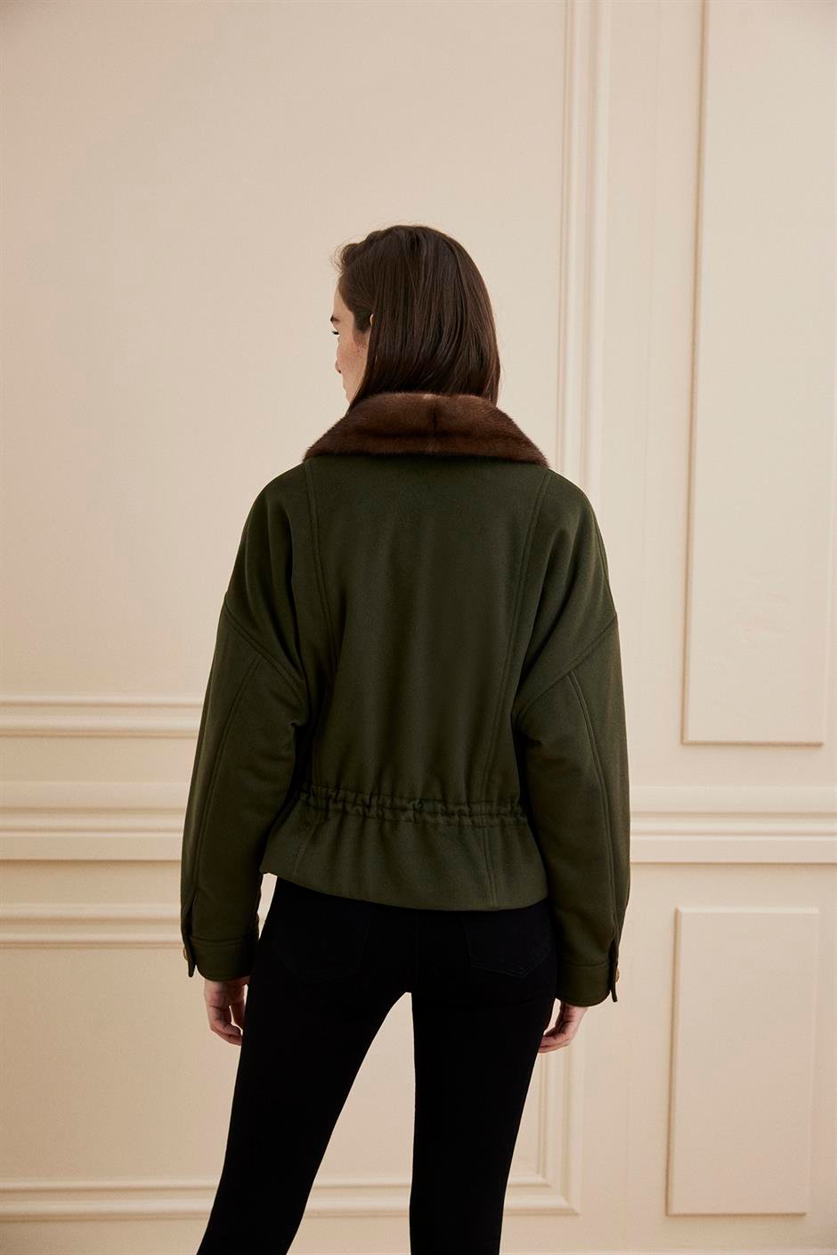 Shaky Women's Loro Piana 100% Cashmere Fabric Jacket with Mink trimming Khaki Green