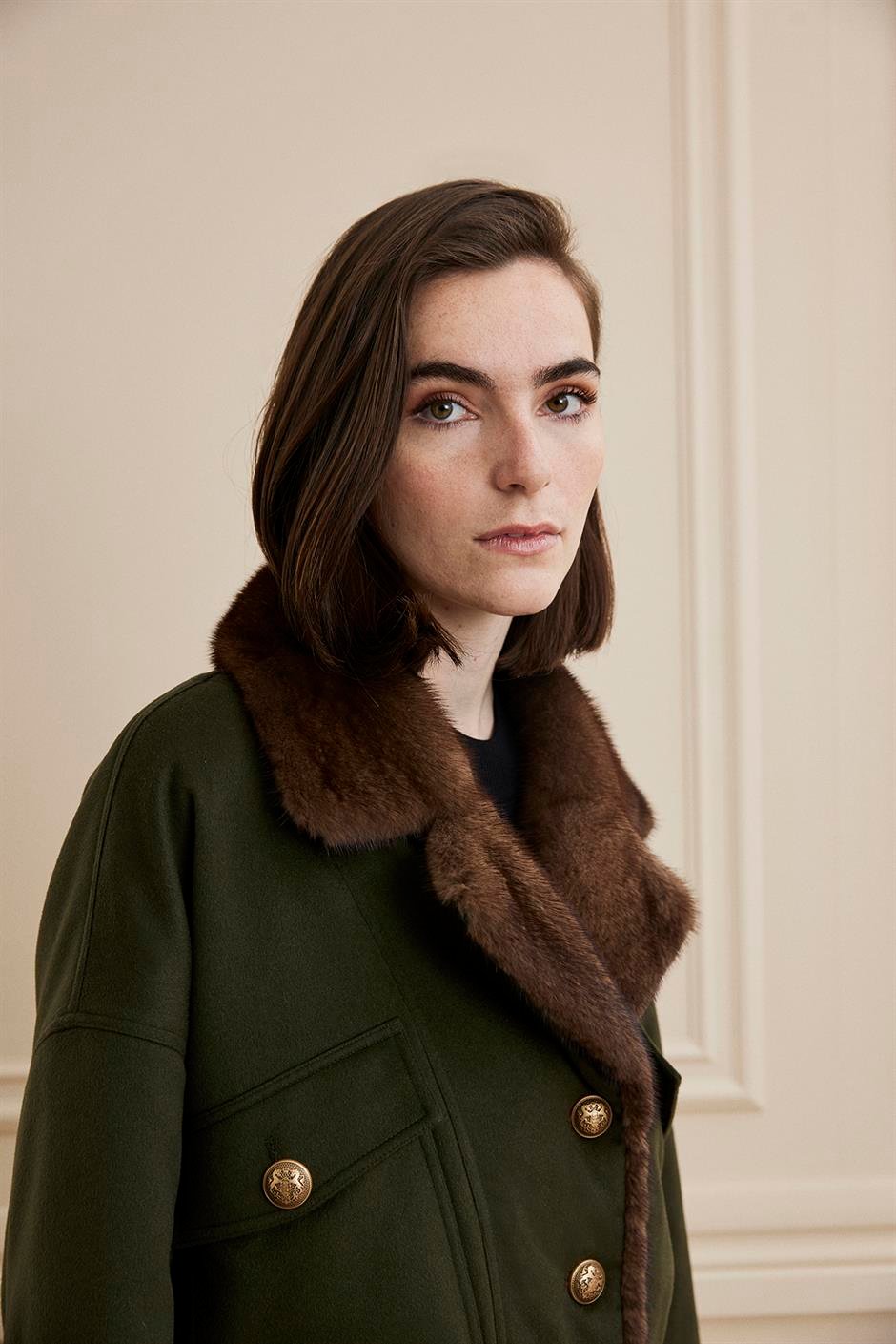 Shaky Women's Loro Piana 100% Cashmere Fabric Jacket with Mink trimming Khaki Green