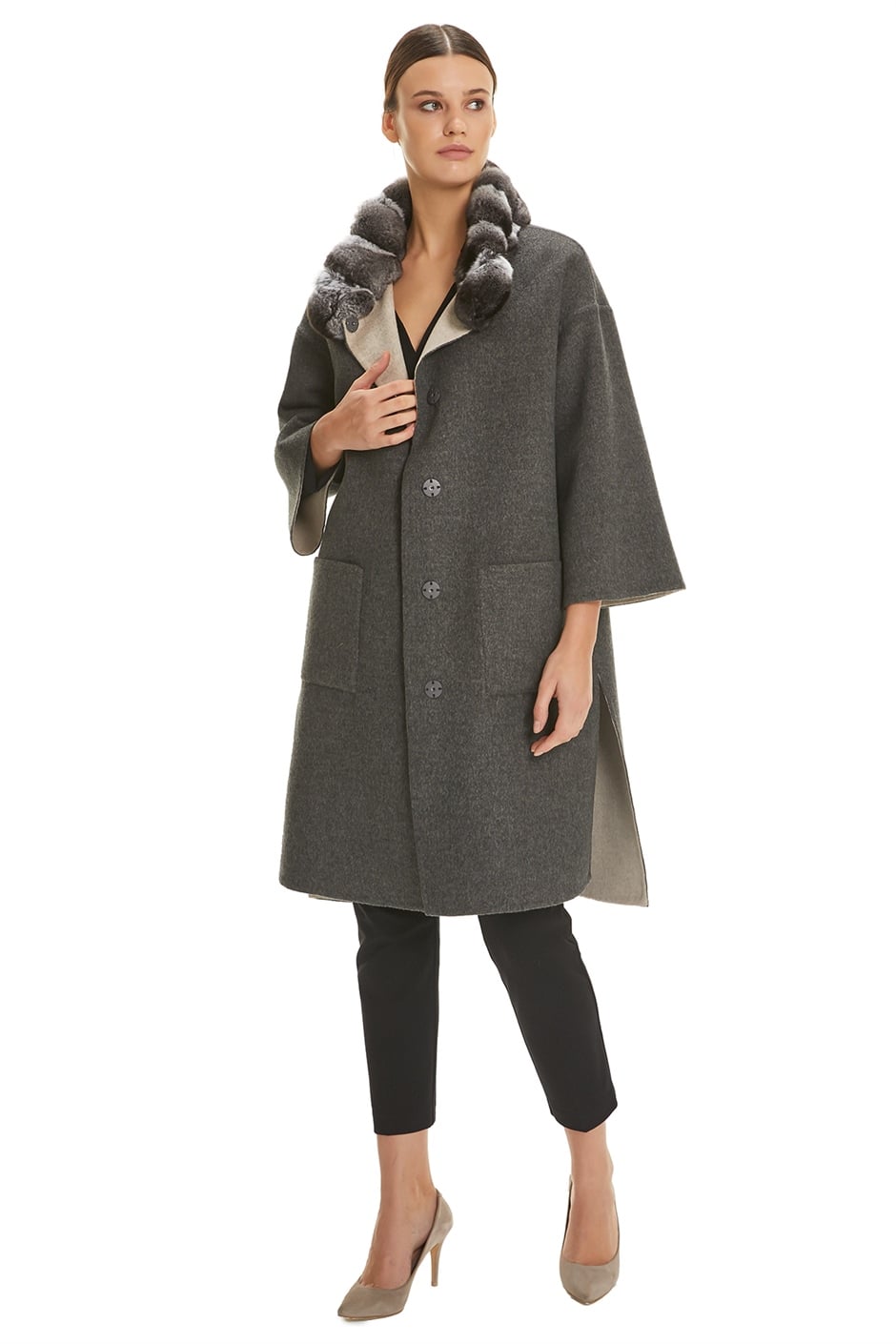 Shaky Women's Loro Piana 100% Wool Fabric Coat with Chinchilla trimming