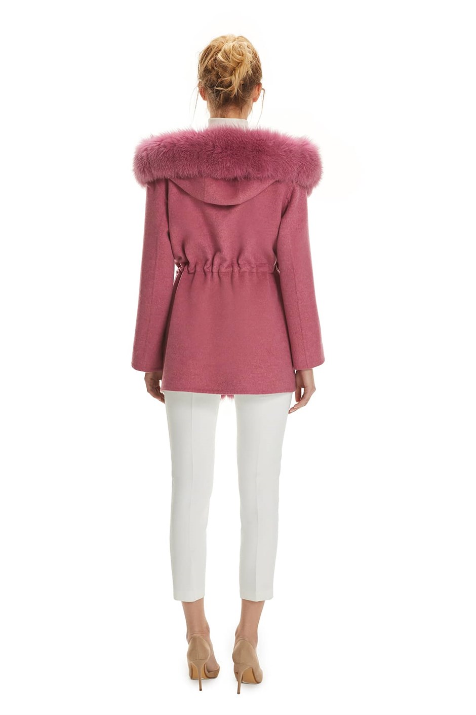 Shaky Women's Loro Piana 100% Wool Fabric Jacket with Fox trimming Pembe/Beige