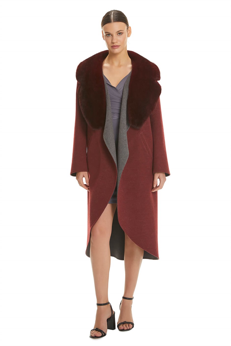 Shaky Women's Loro Piana 100% Wool Fabric Coat with Mink trimming Claret Red/Grey