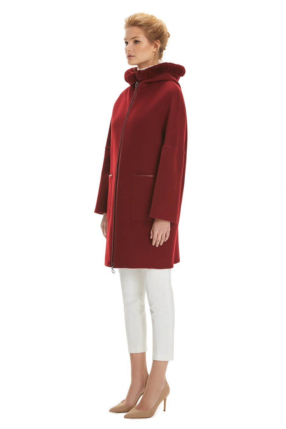 Shaky Women's Loro Piana 100% Wool Fabric Short Coat with Mink trimming Cherry