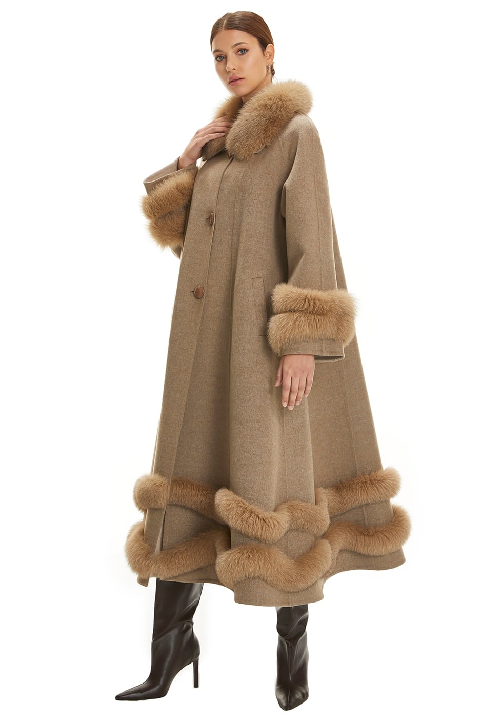 Shaky Women's Loro Piana 100% Wool Fabric Coat with Fox trimming