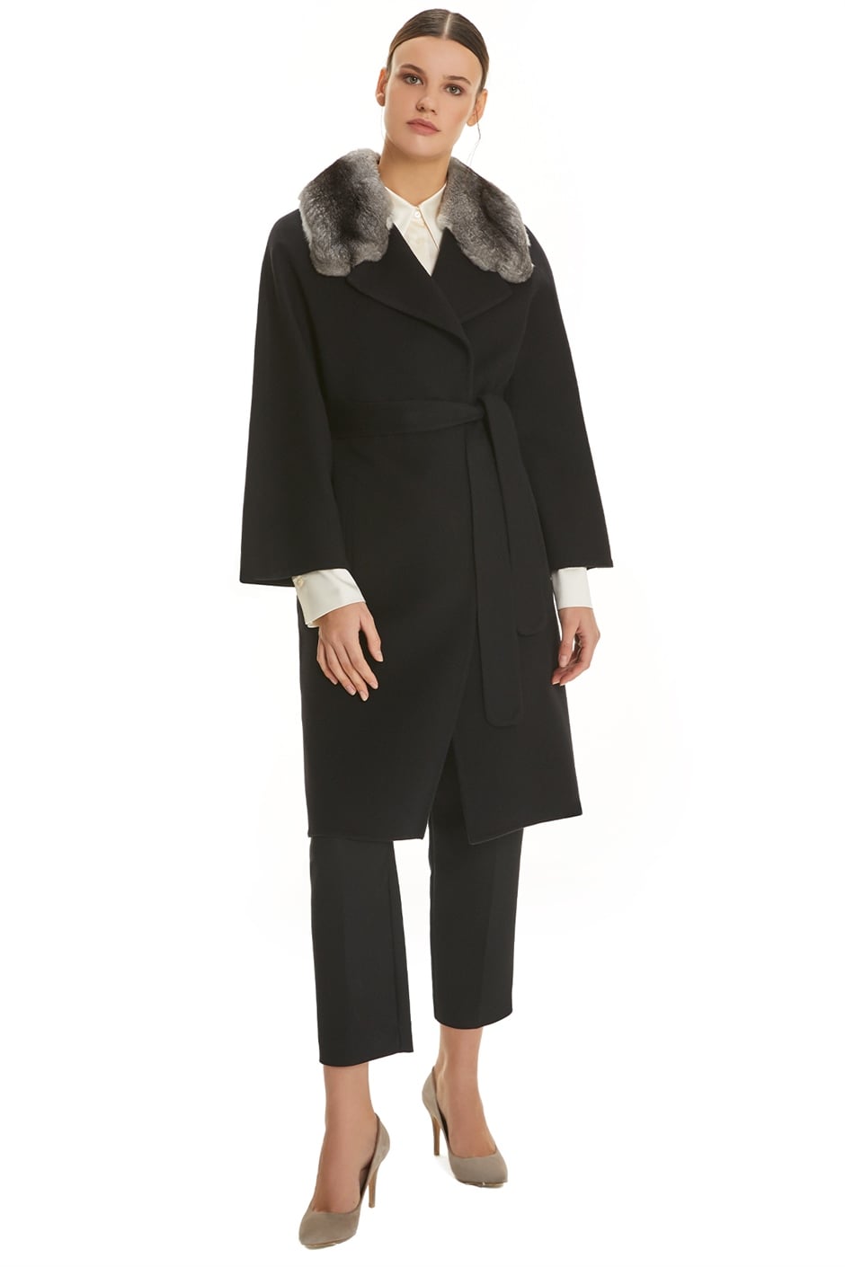 Shaky Women's Loro Piana 100% Wool Fabric Coat with Chinchilla trimming
