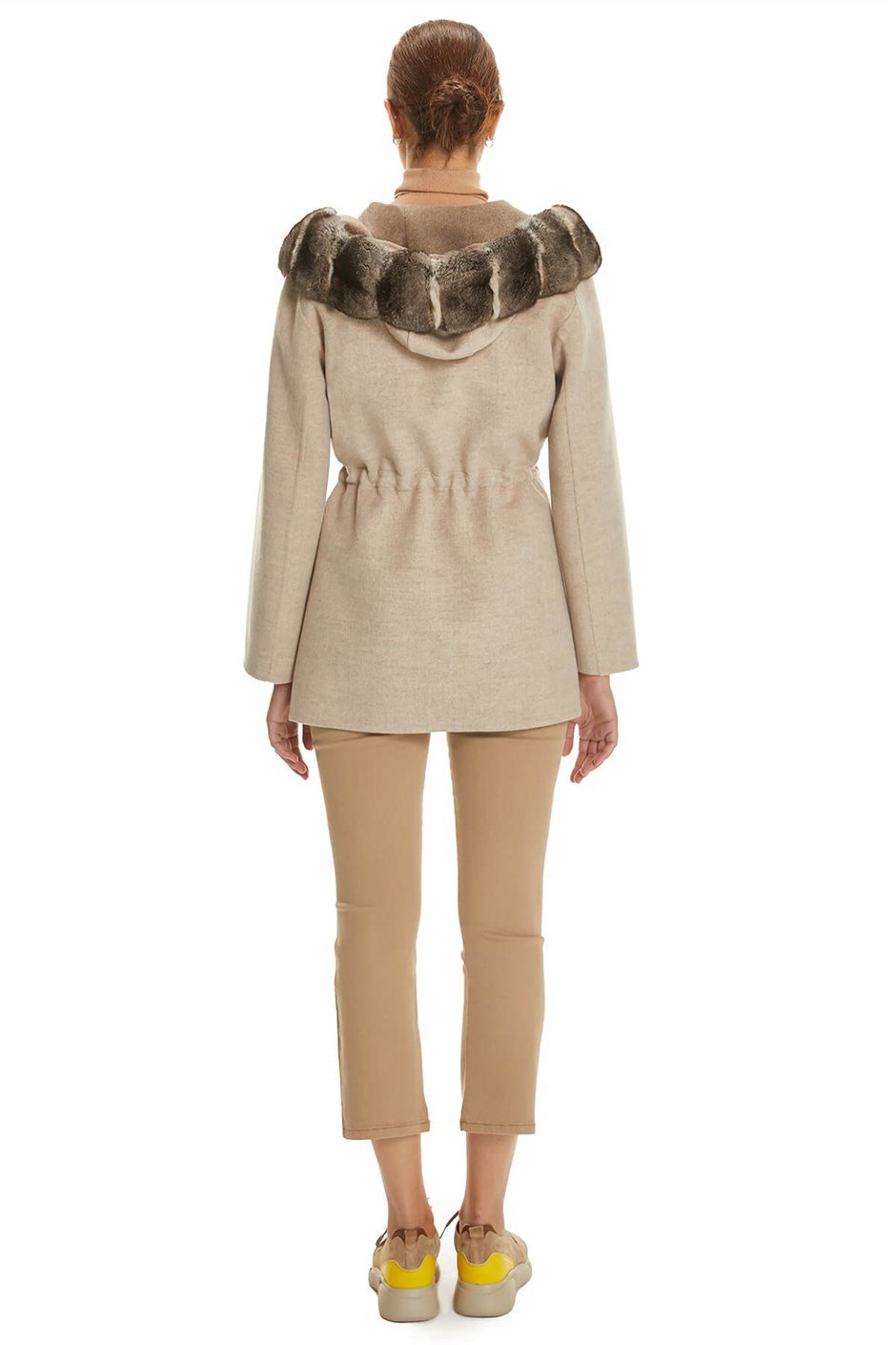 Shaky Women's Loro Piana 100% Wool Fabric Jacket with Chinchilla trimming Beige/Camel