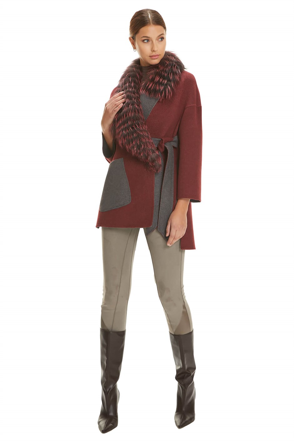 Shaky Women's Loro Piana 100% Wool Fabric Jacket with Fox trimming Claret Red/Grey