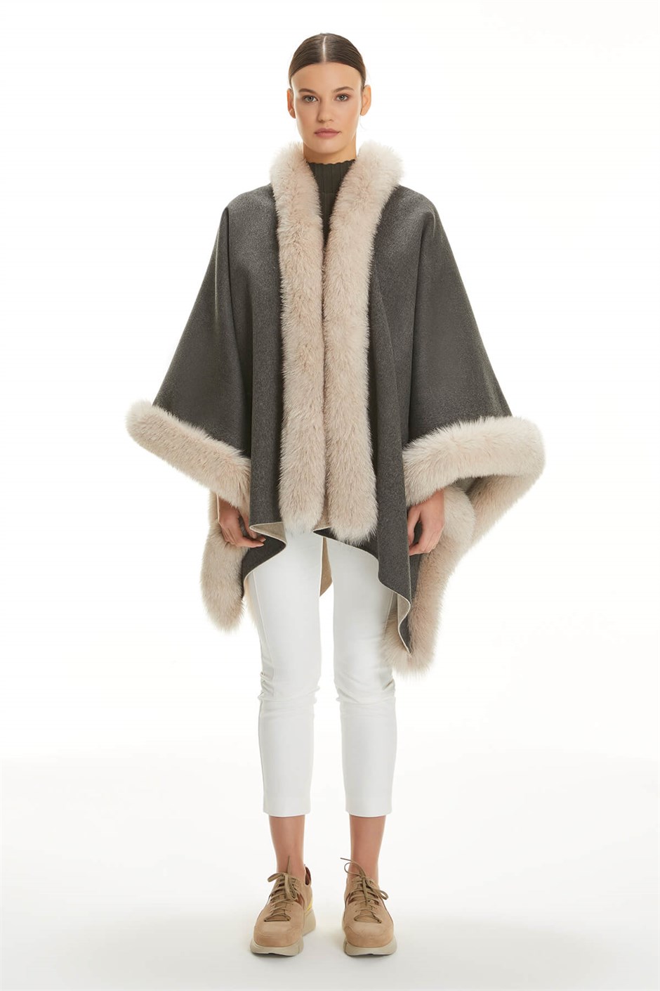 Shaky Women's Loro Piana 100% Wool Fabric Scarf with Fox trimming Beige/Grey