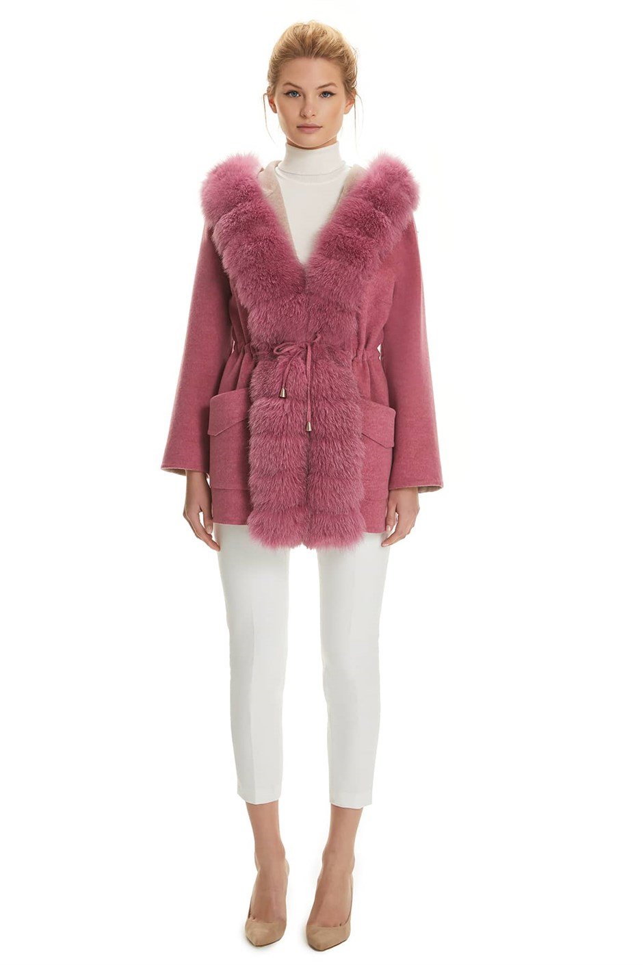 Shaky Women's Loro Piana 100% Wool Fabric Jacket with Fox trimming Pembe/Beige