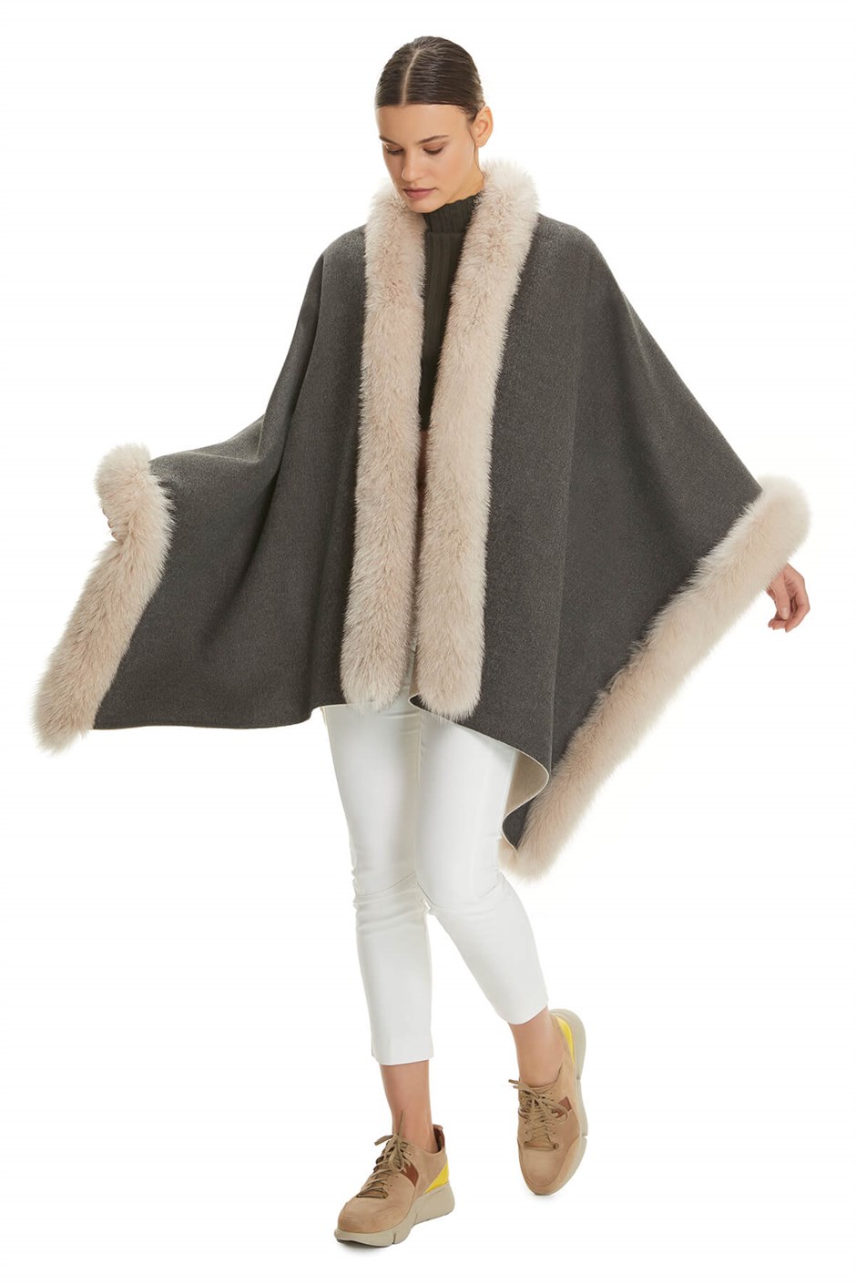 Shaky Women's Loro Piana 100% Wool Fabric Scarf with Fox trimming Beige/Grey