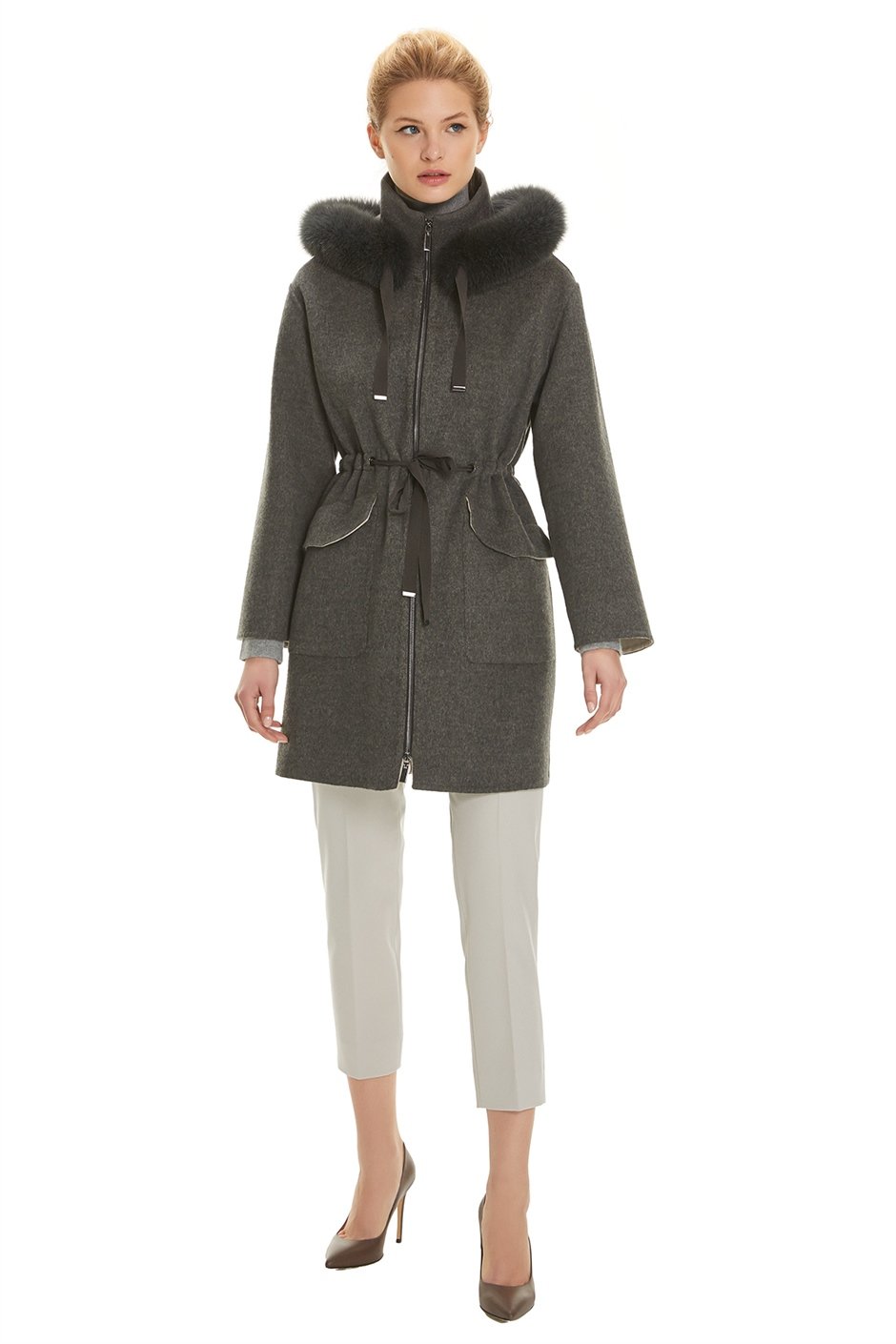 Shaky Women's Loro Piana 100% Wool Fabric Short Coat with Fox trimming