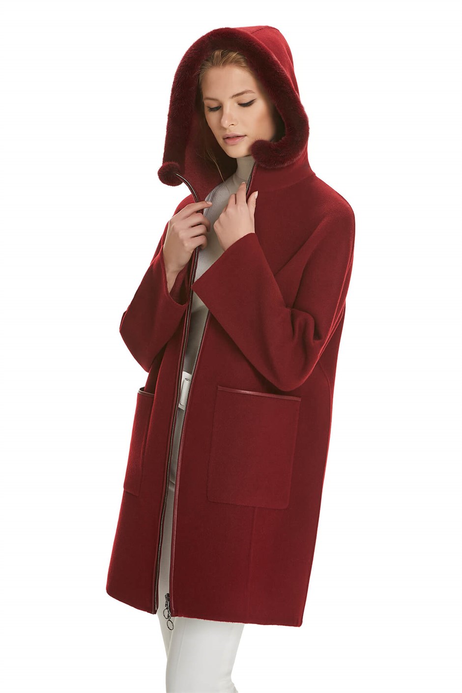 Shaky Women's Loro Piana 100% Wool Fabric Short Coat with Mink trimming Cherry