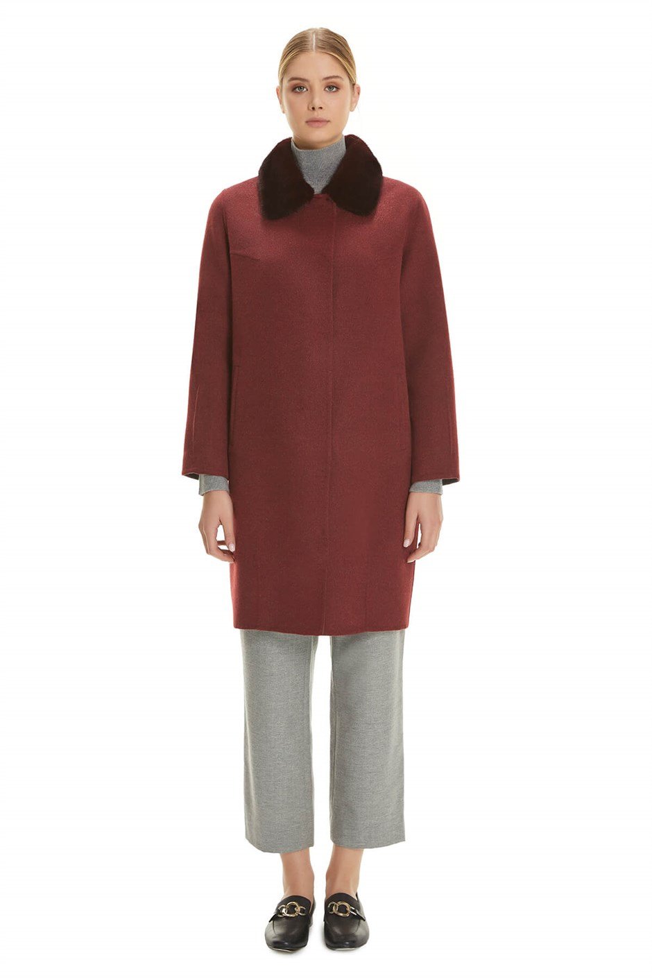 Shaky Women's Loro Piana 100% Wool Fabric Short Coat with Mink trimming Claret Red/Grey
