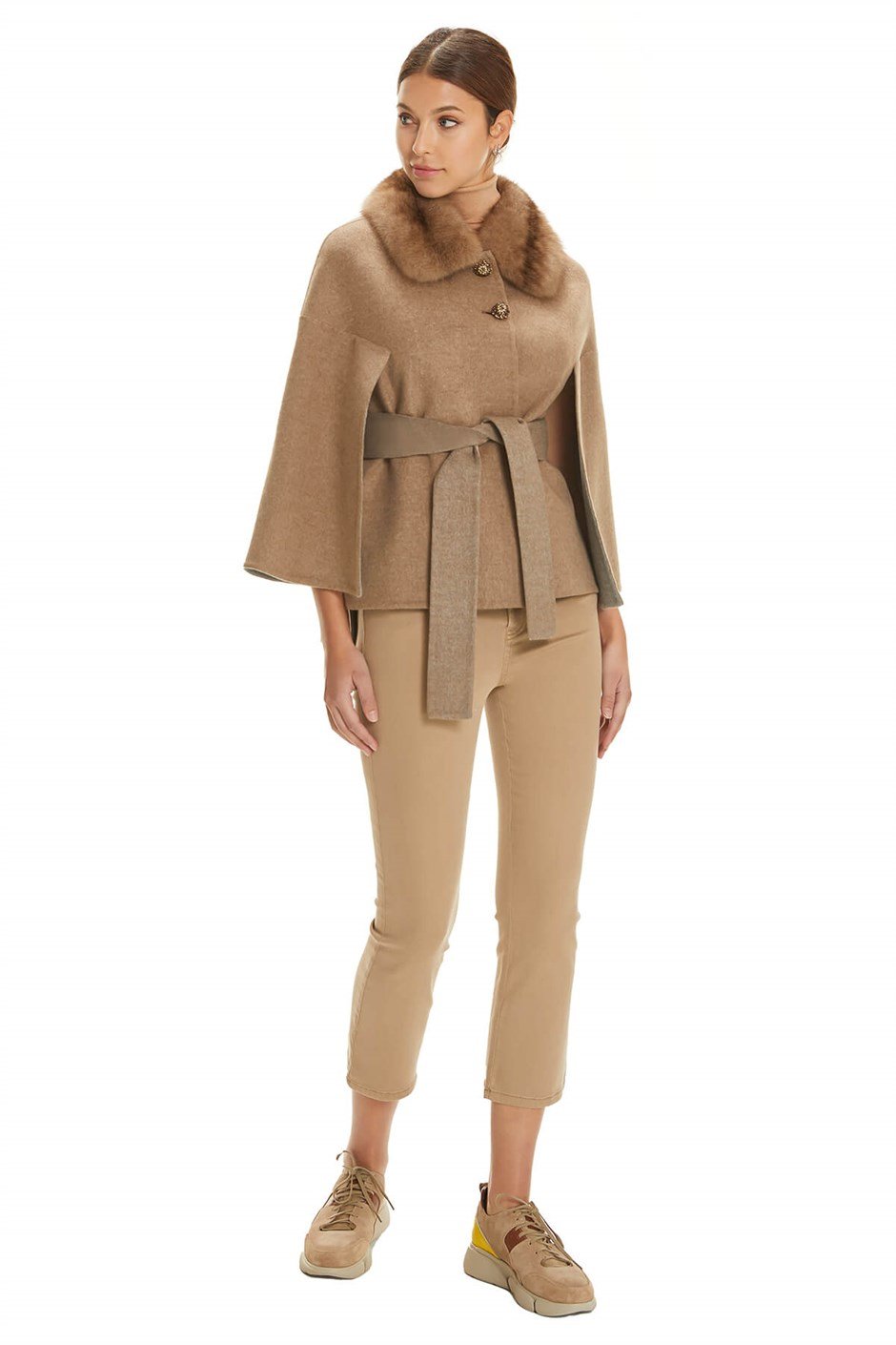 Shaky Women's Loro Piana 100% Wool Fabric Jacket with Sable trimming Camel/Grey