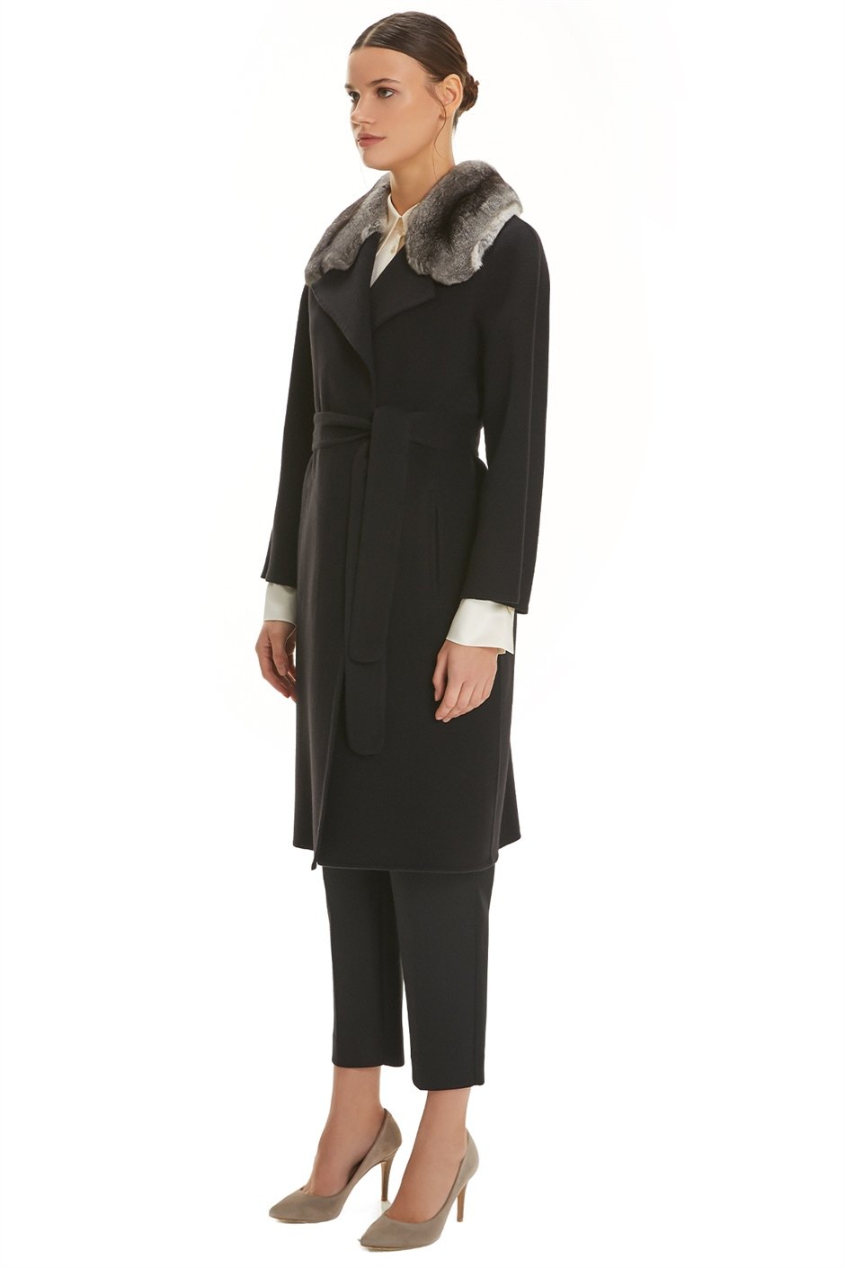 Shaky Women's Loro Piana 100% Wool Fabric Coat with Chinchilla trimming