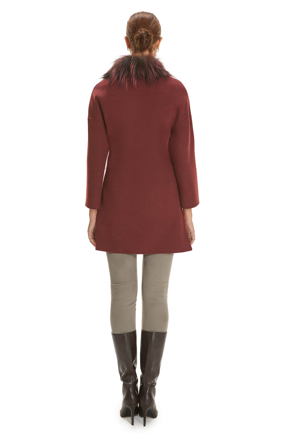 Shaky Women's Loro Piana 100% Wool Fabric Jacket with Fox trimming Claret Red/Grey