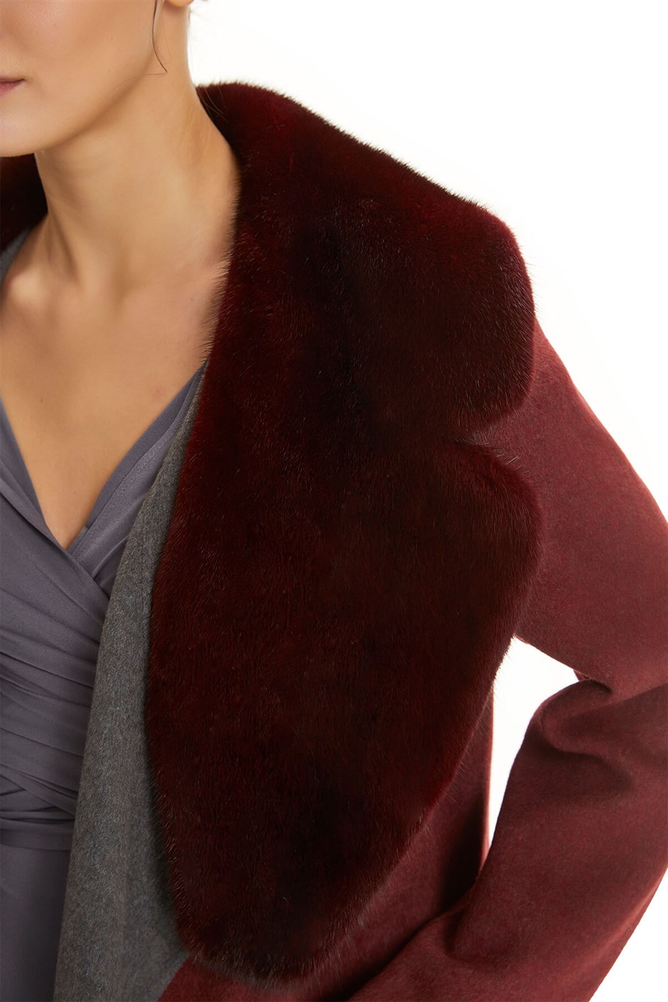 Shaky Women's Loro Piana 100% Wool Fabric Coat with Mink trimming Claret Red/Grey