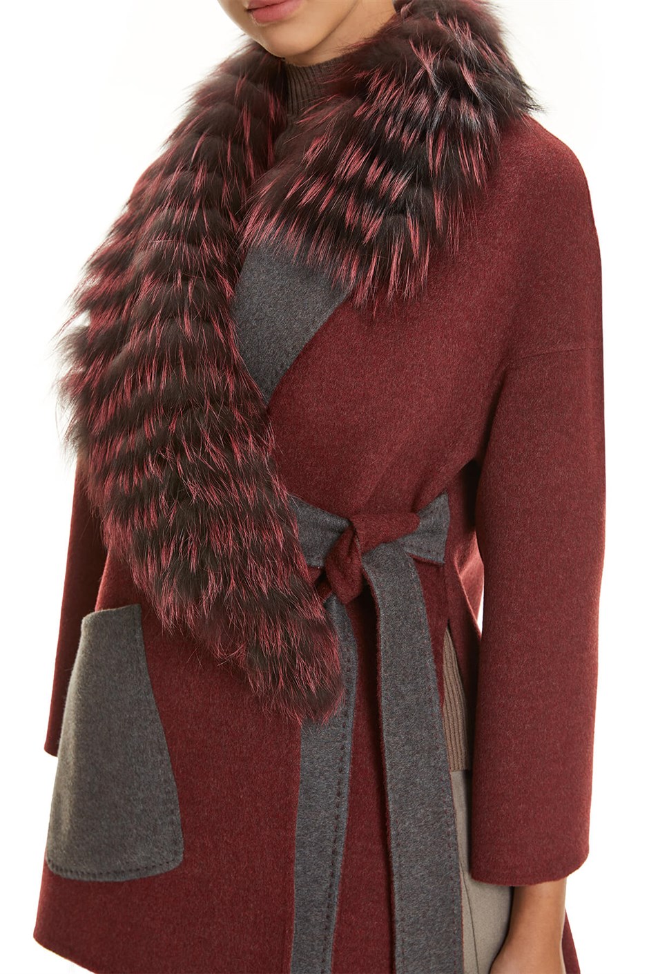 Shaky Women's Loro Piana 100% Wool Fabric Jacket with Fox trimming Claret Red/Grey
